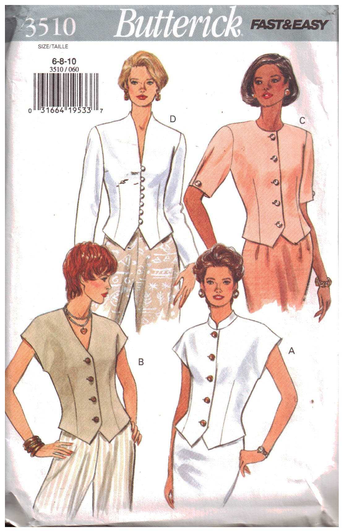 Butterick 3510 Tops Size: 6-8-10 Used Sewing Pattern