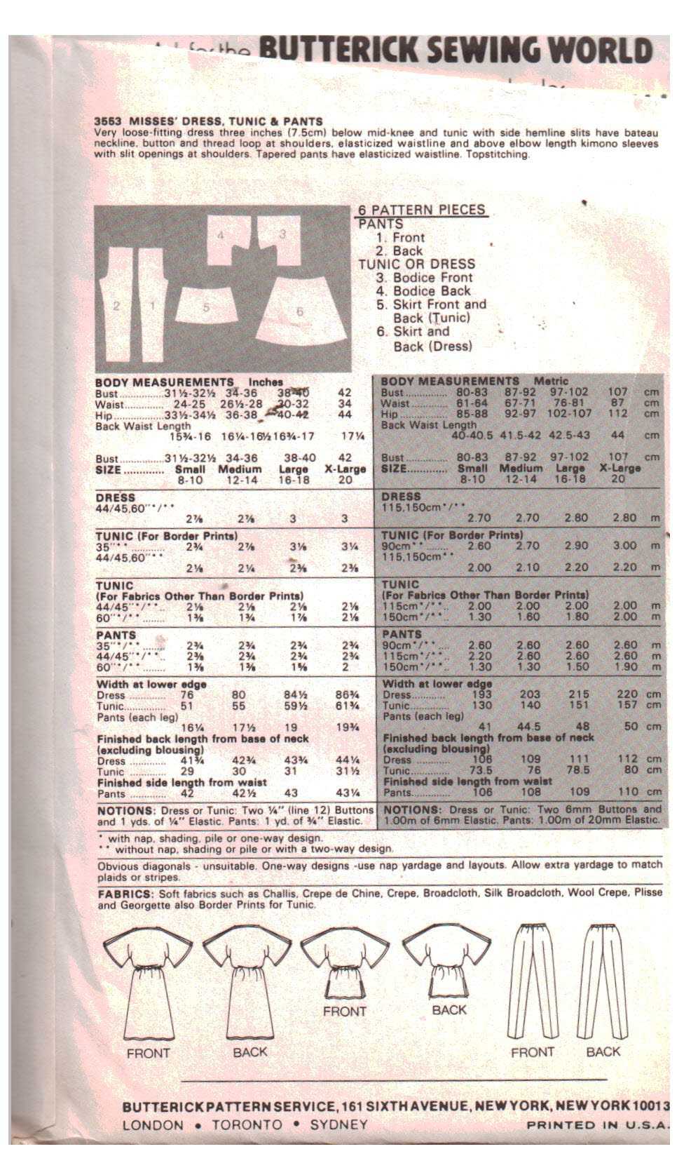 Butterick 3553 Dress, Tunic, Pants Size: 8-10 Uncut Sewing Pattern - Image 2