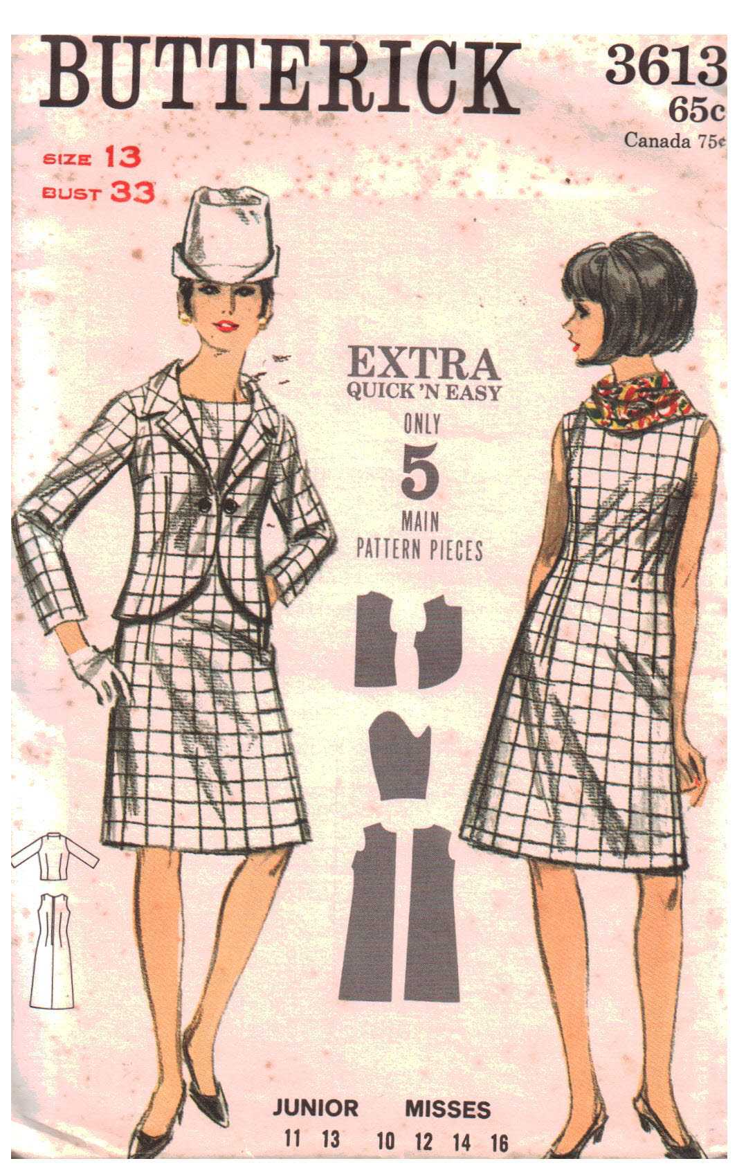 Butterick 3613 Dress, Jacket Size: 13 Bust 33 Used Sewing Pattern