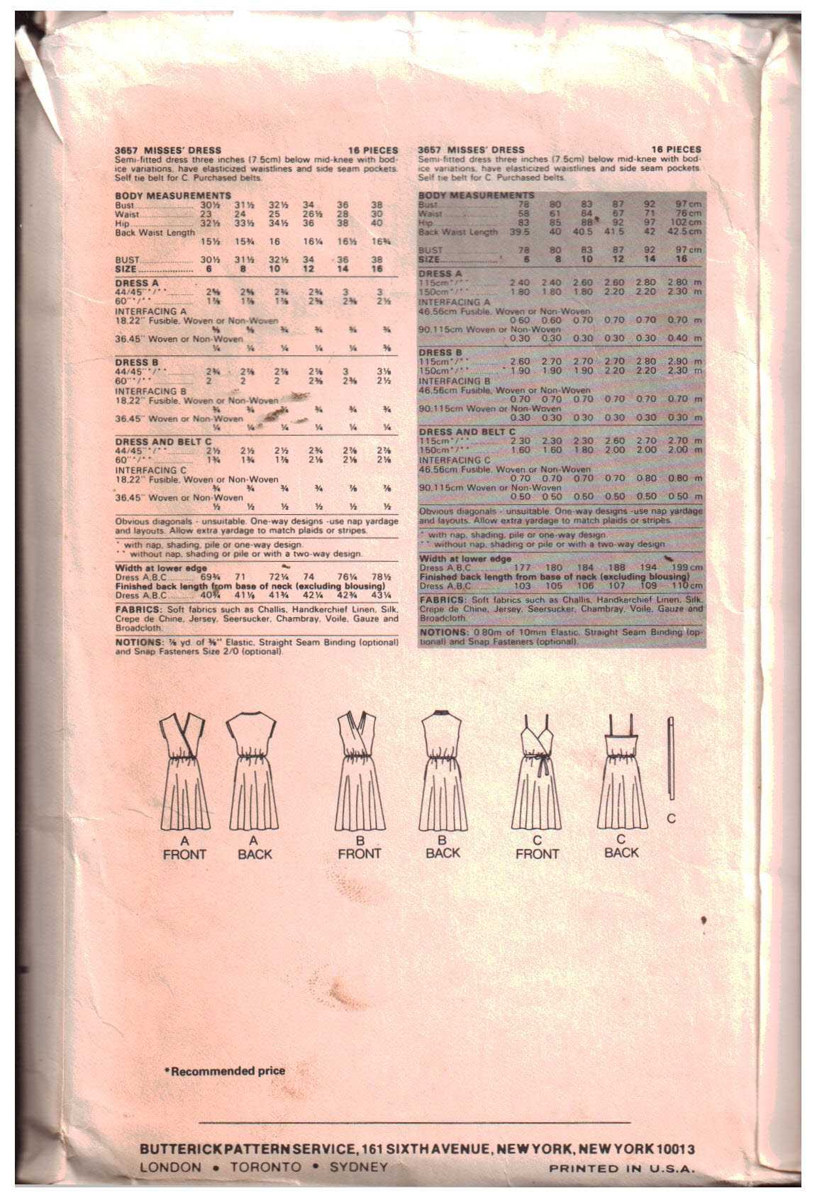Butterick 3657 Dress Size: 16 Used Sewing Pattern - Image 2
