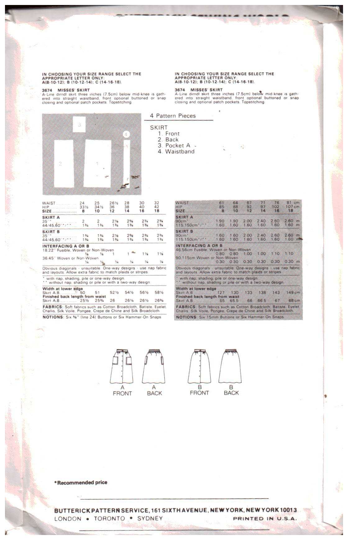Butterick 3674 Skirt Size: 10-12-14 Used Sewing Pattern - Image 2