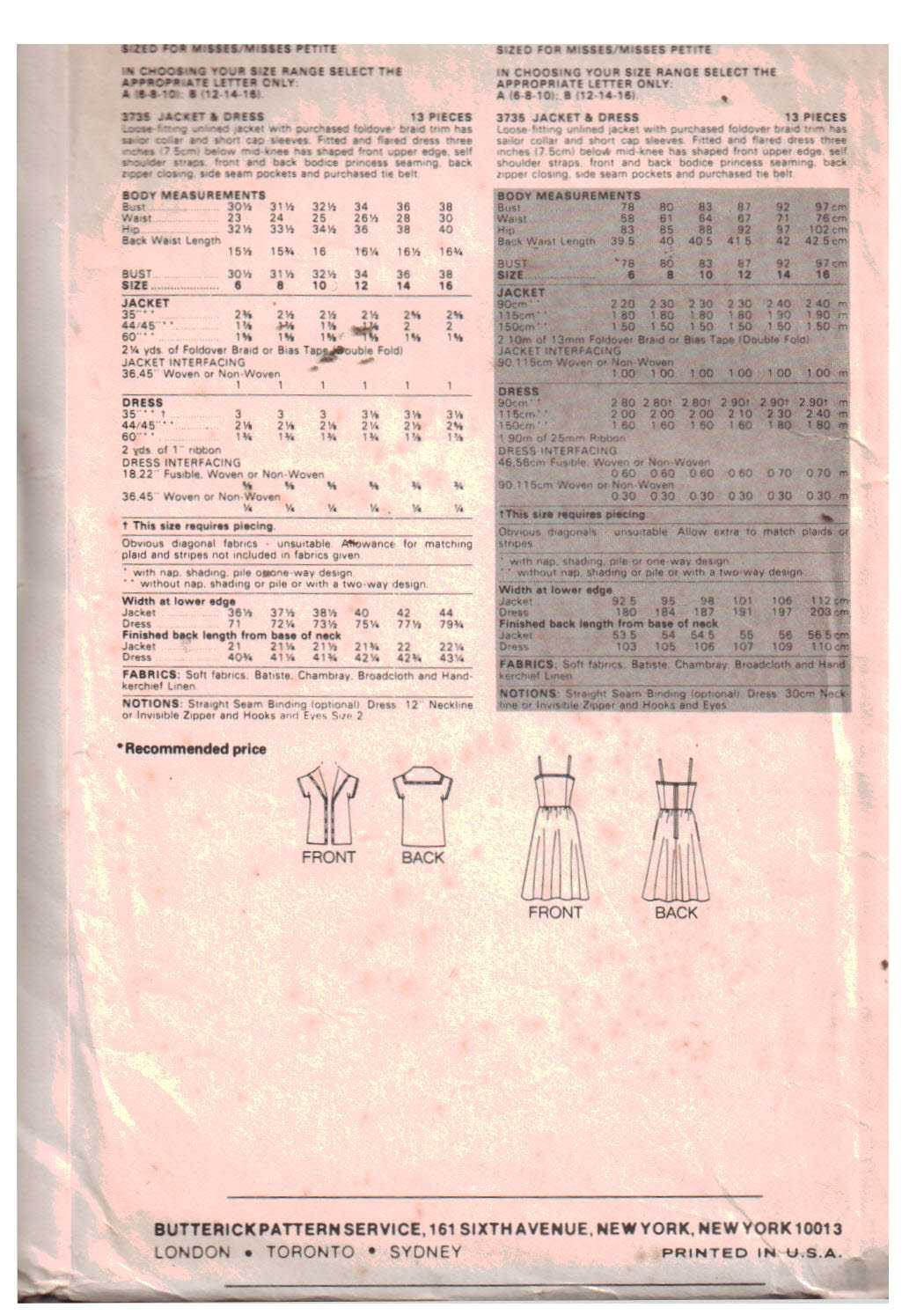 Butterick 3735 Dress, Jacket Size: 12-14-16 Used Sewing Pattern - Image 2