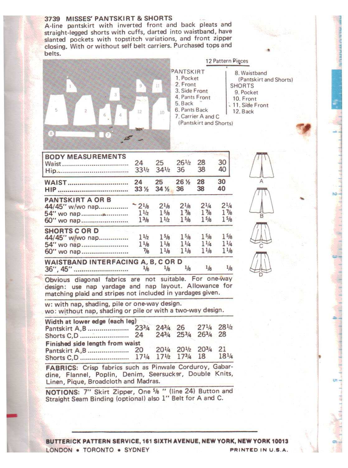 Butterick 3739 Pantskirt, Shorts Size: 25 Used Sewing Pattern - Image 2