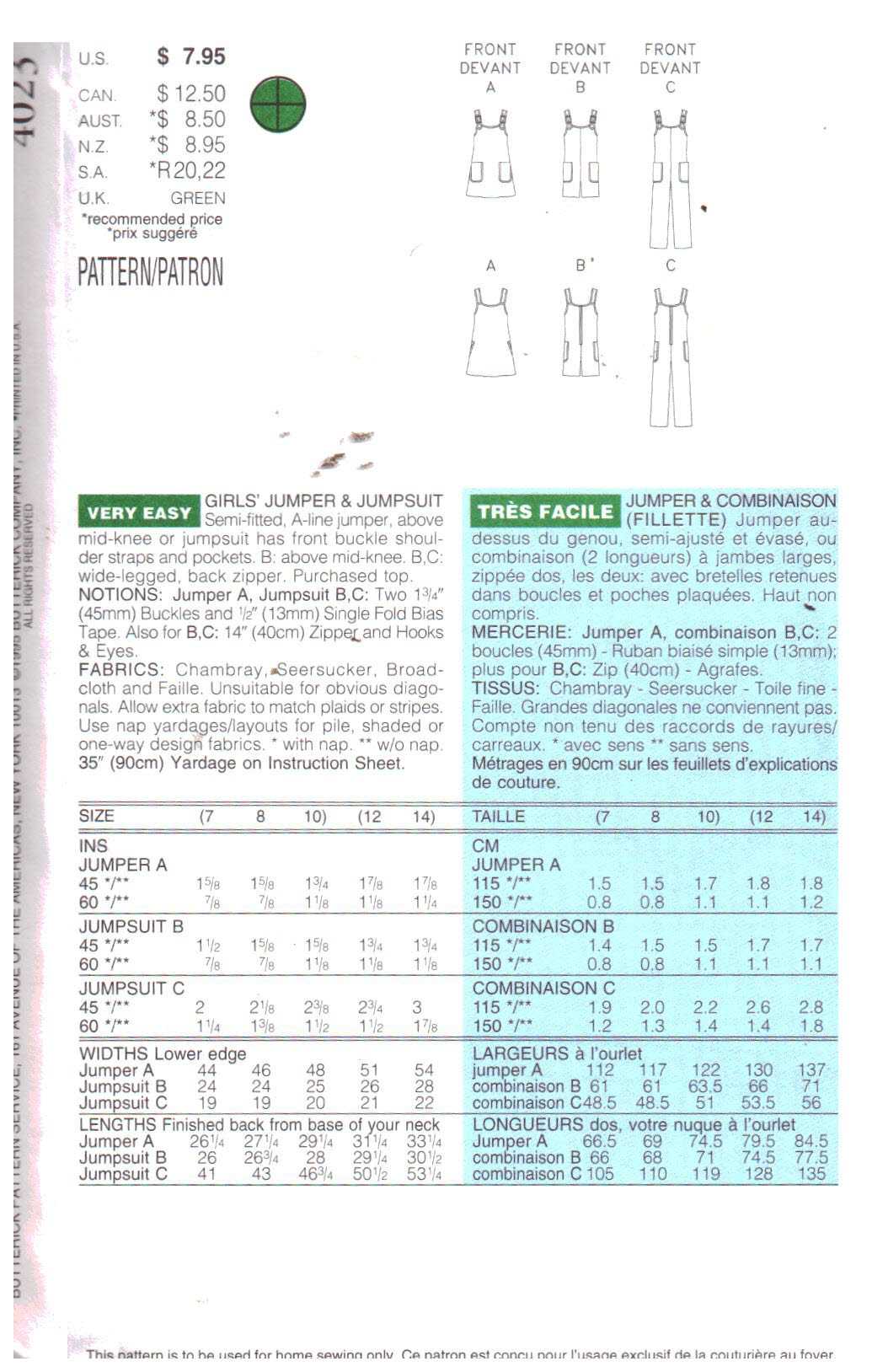 Butterick 4023 Girl's Jumper, Jumpsuit Size: 7-8-10 Used Sewing Pattern - Image 2