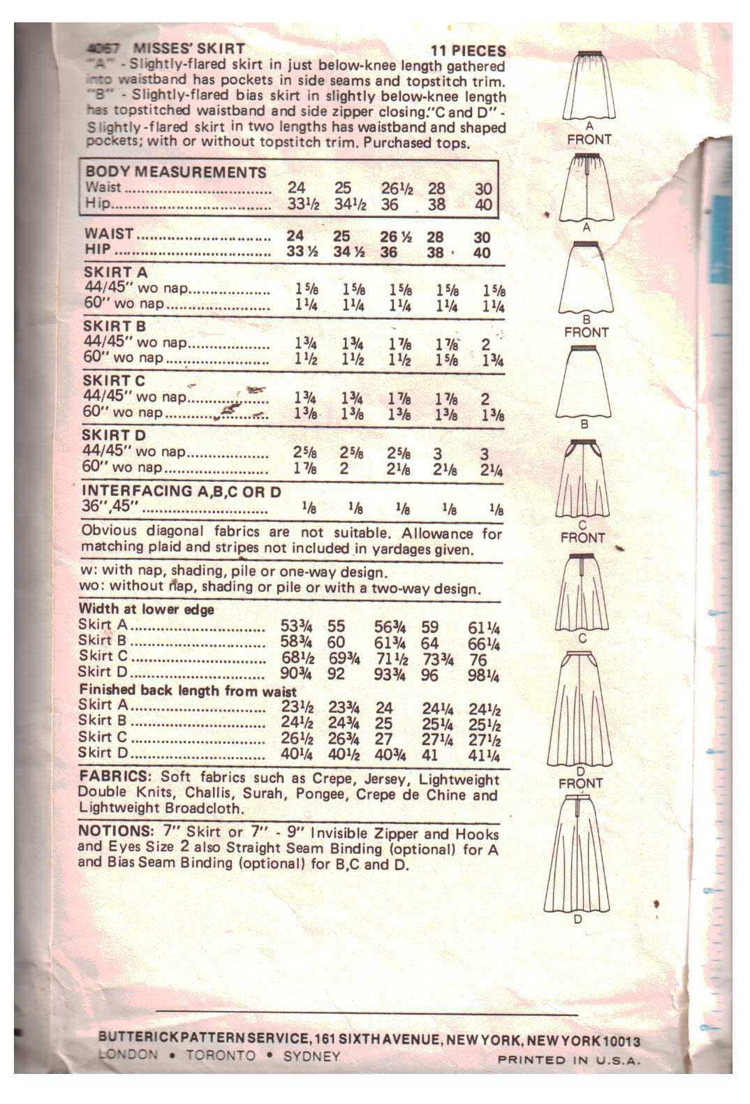 Butterick 4067 Skirt Size: 26.5 Used Sewing Pattern - Image 2