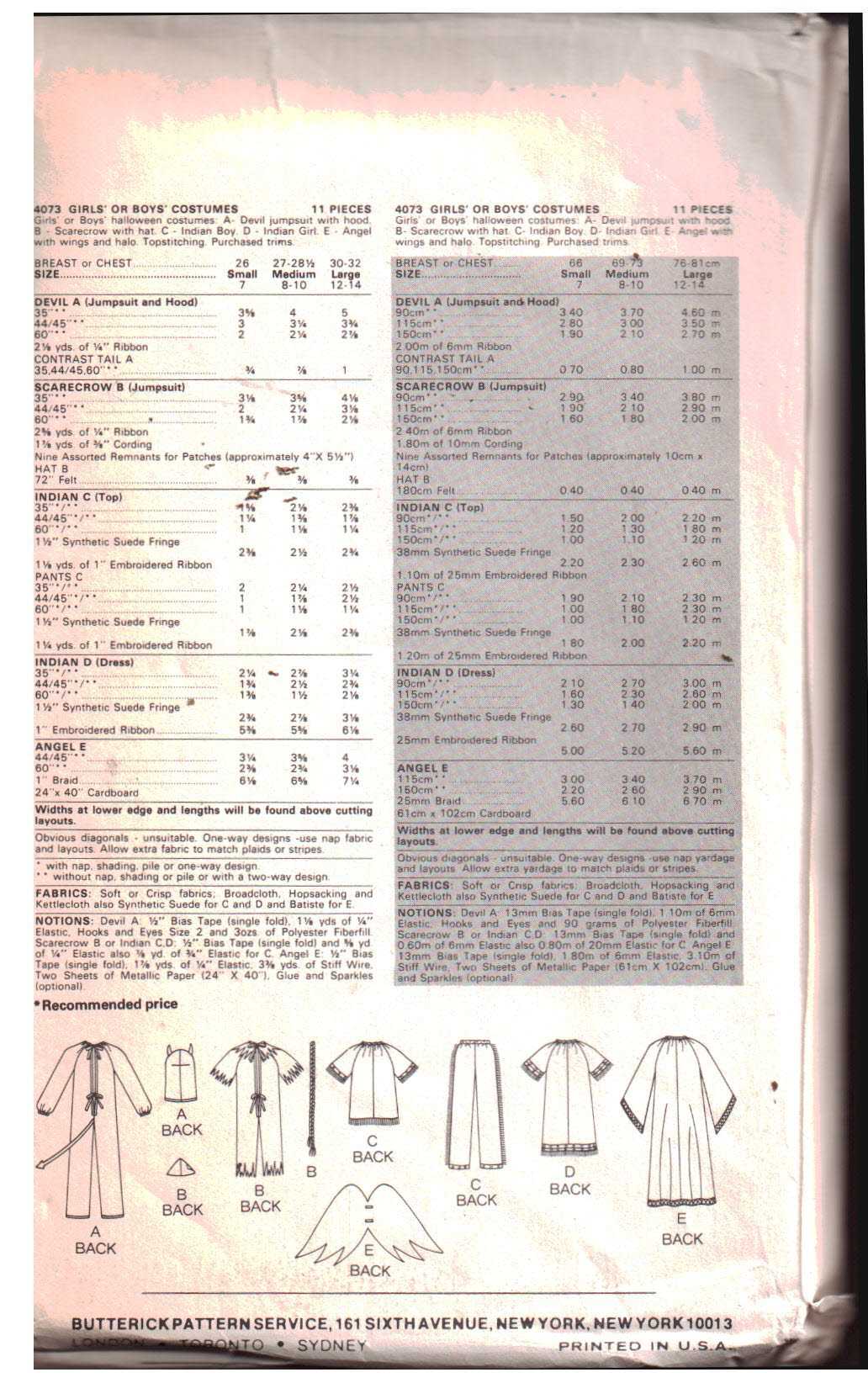 Butterick 4073 Child's Costume - Angel, Devil, Native American Size: 12-14 Used Sewing Pattern - Image 2