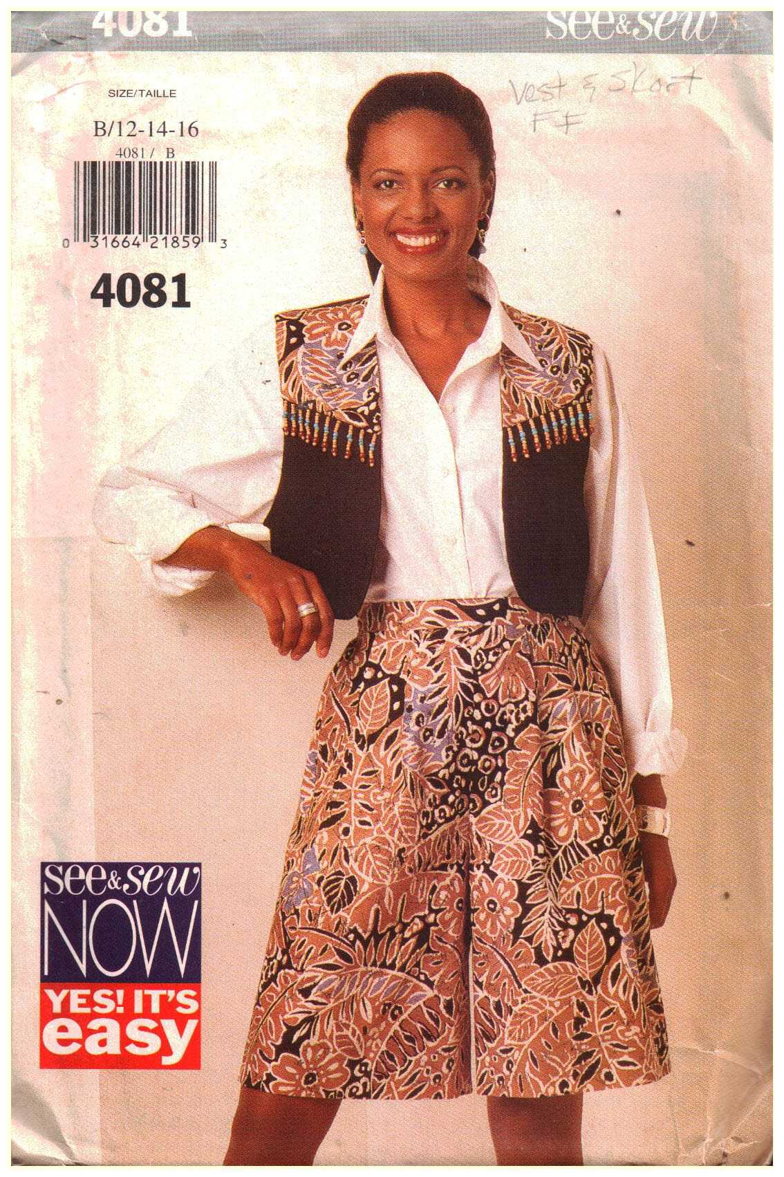 Butterick 4081 Vest, Shorts Size: B 12-14-16 Uncut Sewing Pattern