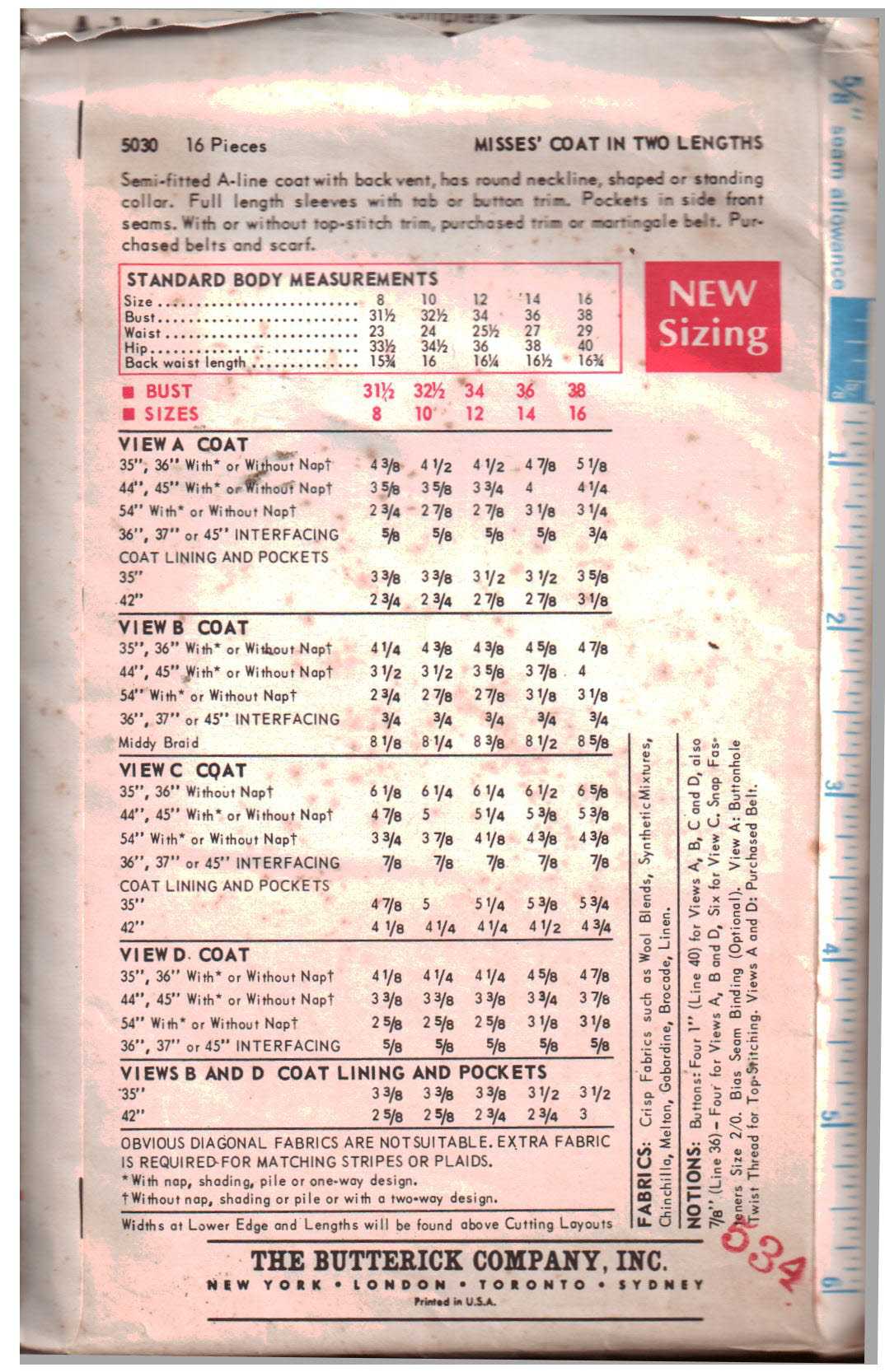 Butterick 5030 Coat in three lengths Size: 10 Bust 32.5 Used Sewing Pattern - Image 2