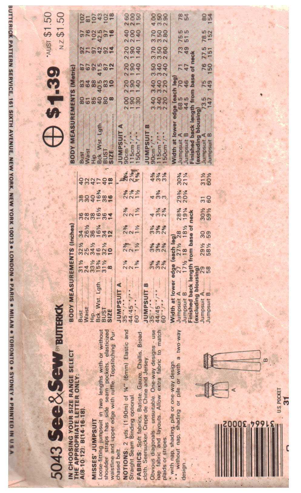 Butterick 5043 Jumpsuit Size: B 14-16-18 Uncut Sewing Pattern - Image 2