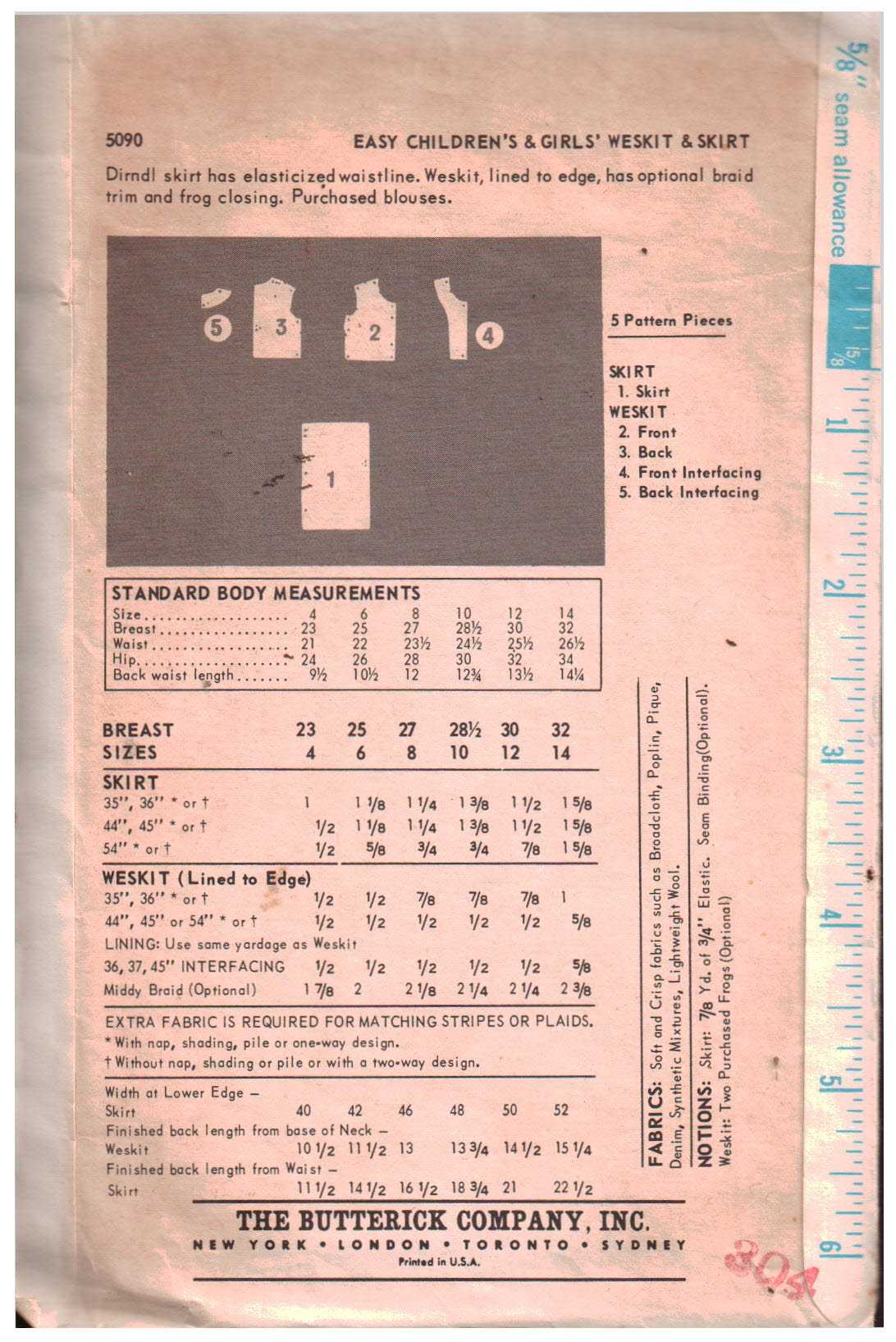 Butterick 5090 Girtl's Girl's Skirt, Vest Size: 8 Breast 27 Used Sewing Pattern - Image 2