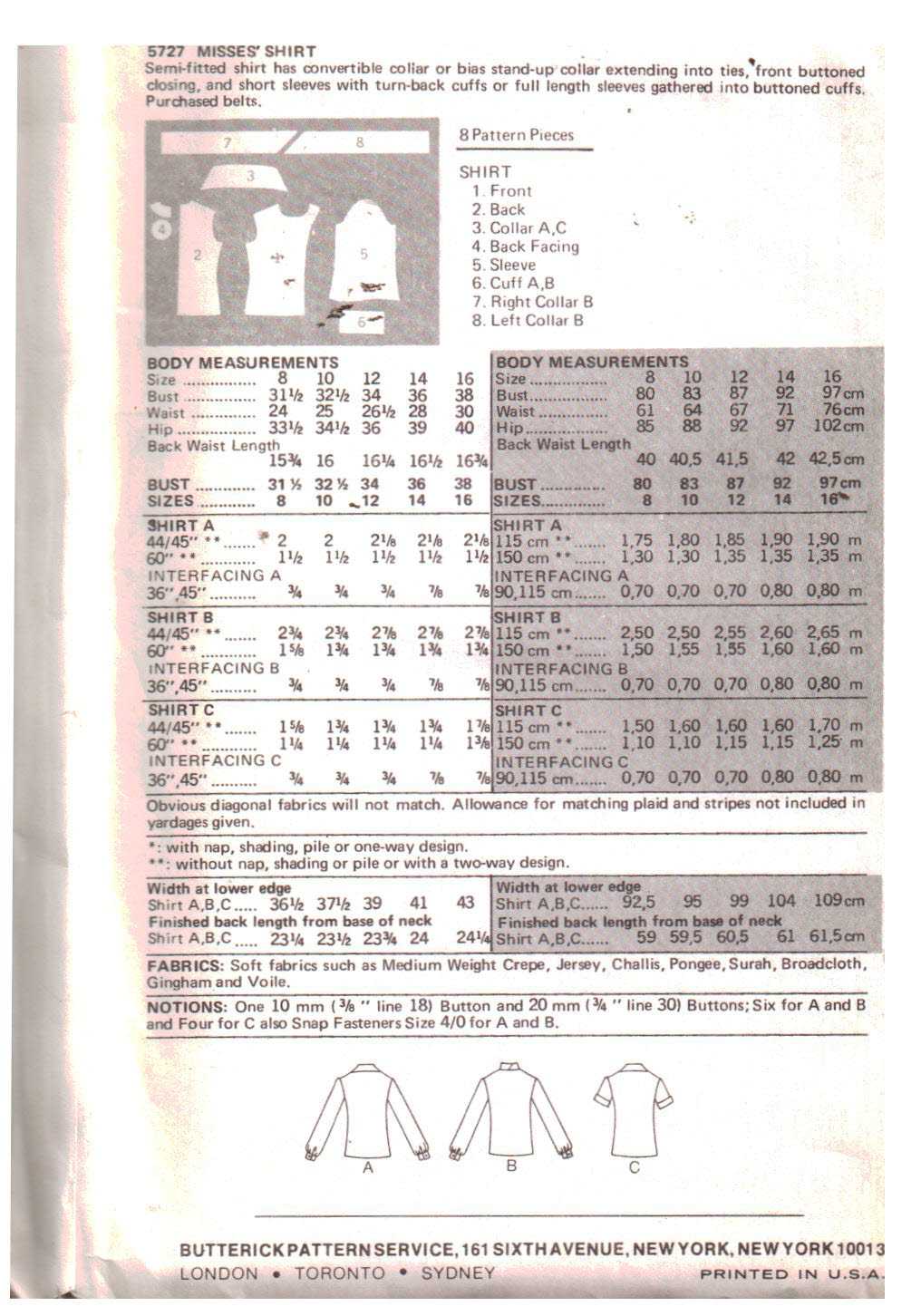 Butterick 5727 Top Size: 8 Uncut Sewing Pattern - Image 2