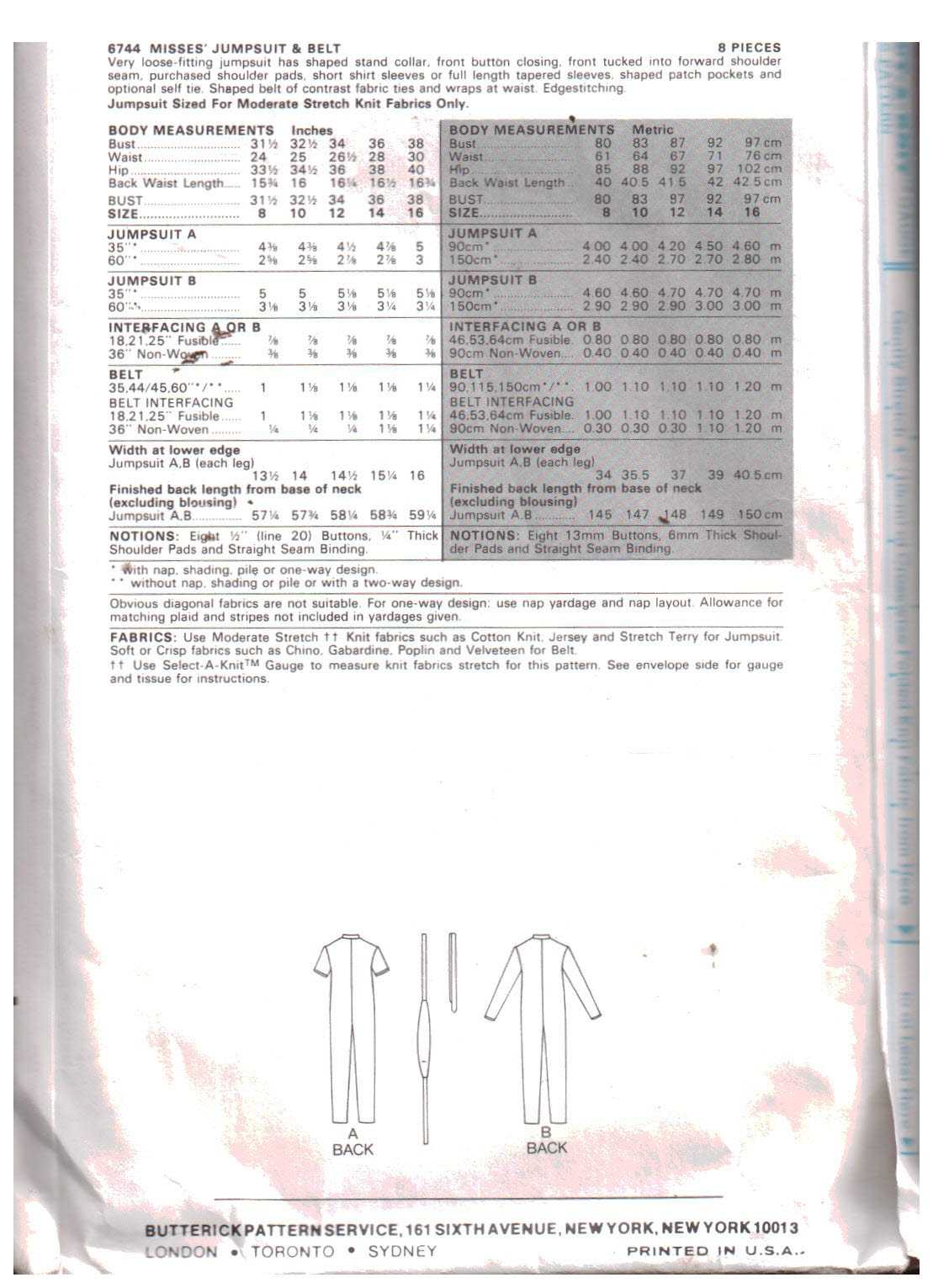Butterick 6744 Jumpsuit by Nancy Stolkin Size: 10 Used Sewing Pattern - Image 2