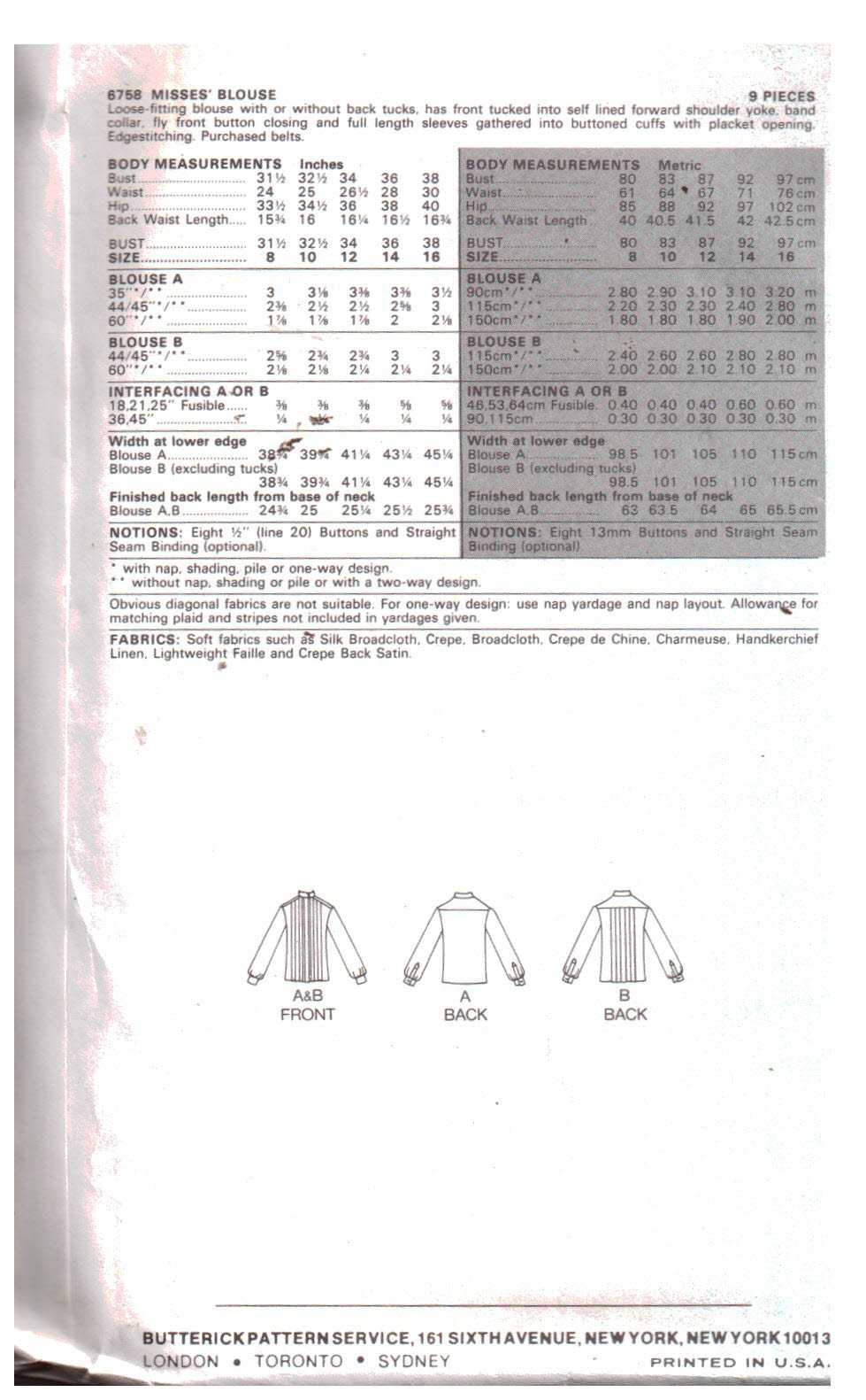 Butterick 6758 Blouse Size: 10 Uncut Sewing Pattern - Image 2