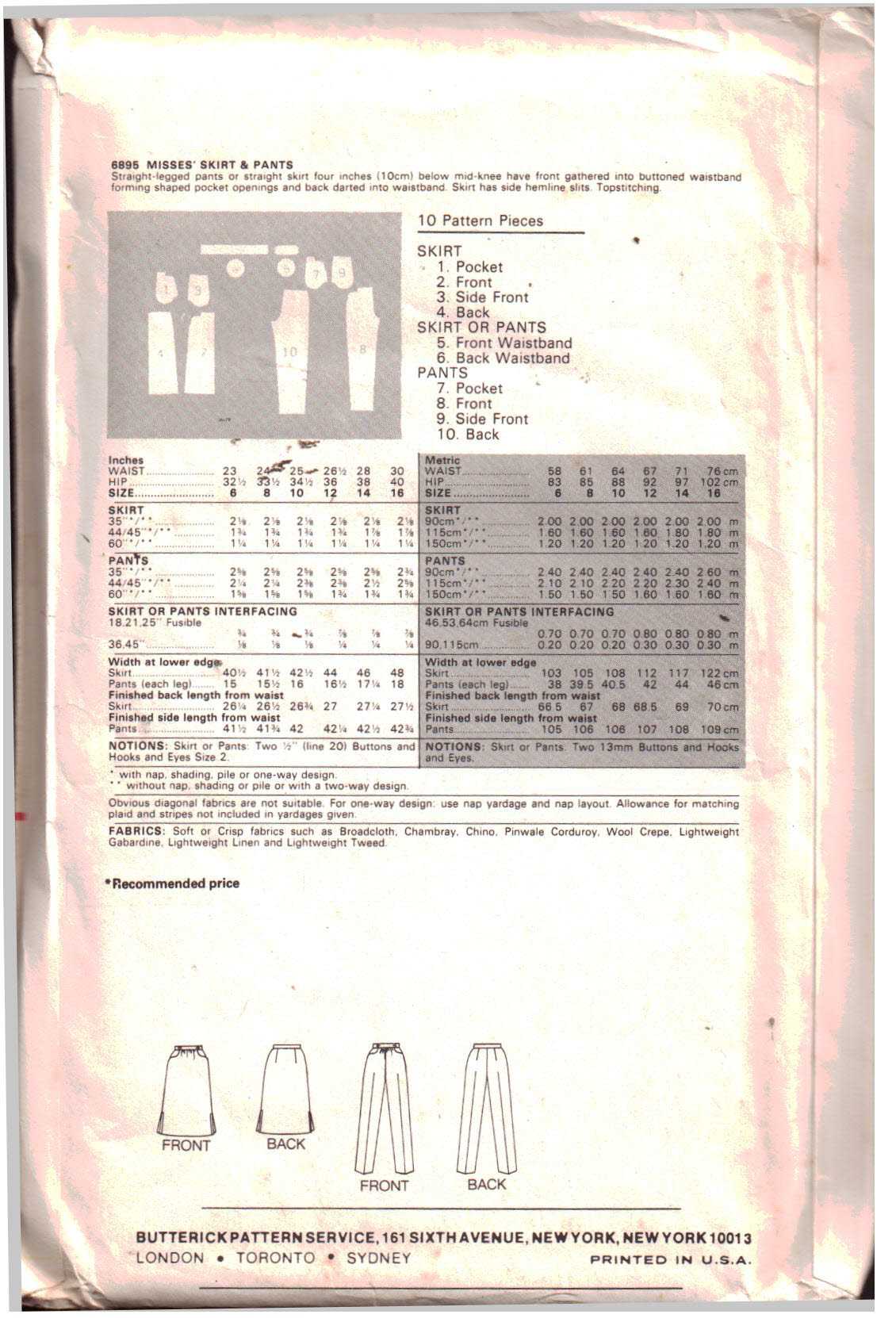 Butterick 6895 Skirt, Pants Size: 6 or 14 Uncut Sewing Pattern - Image 2
