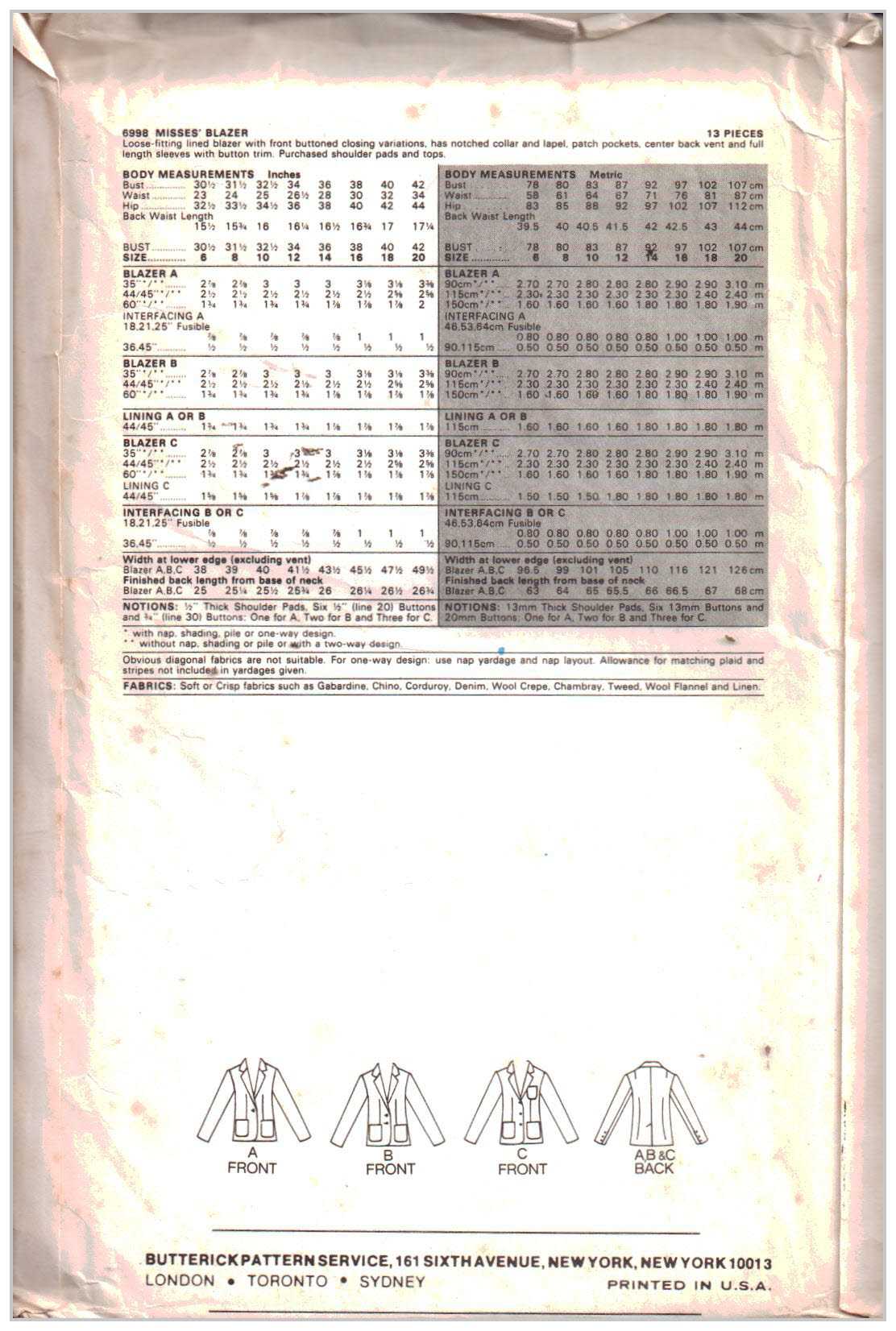 Butterick 6998 Blazer Size: 10 Uncut Sewing Pattern - Image 2