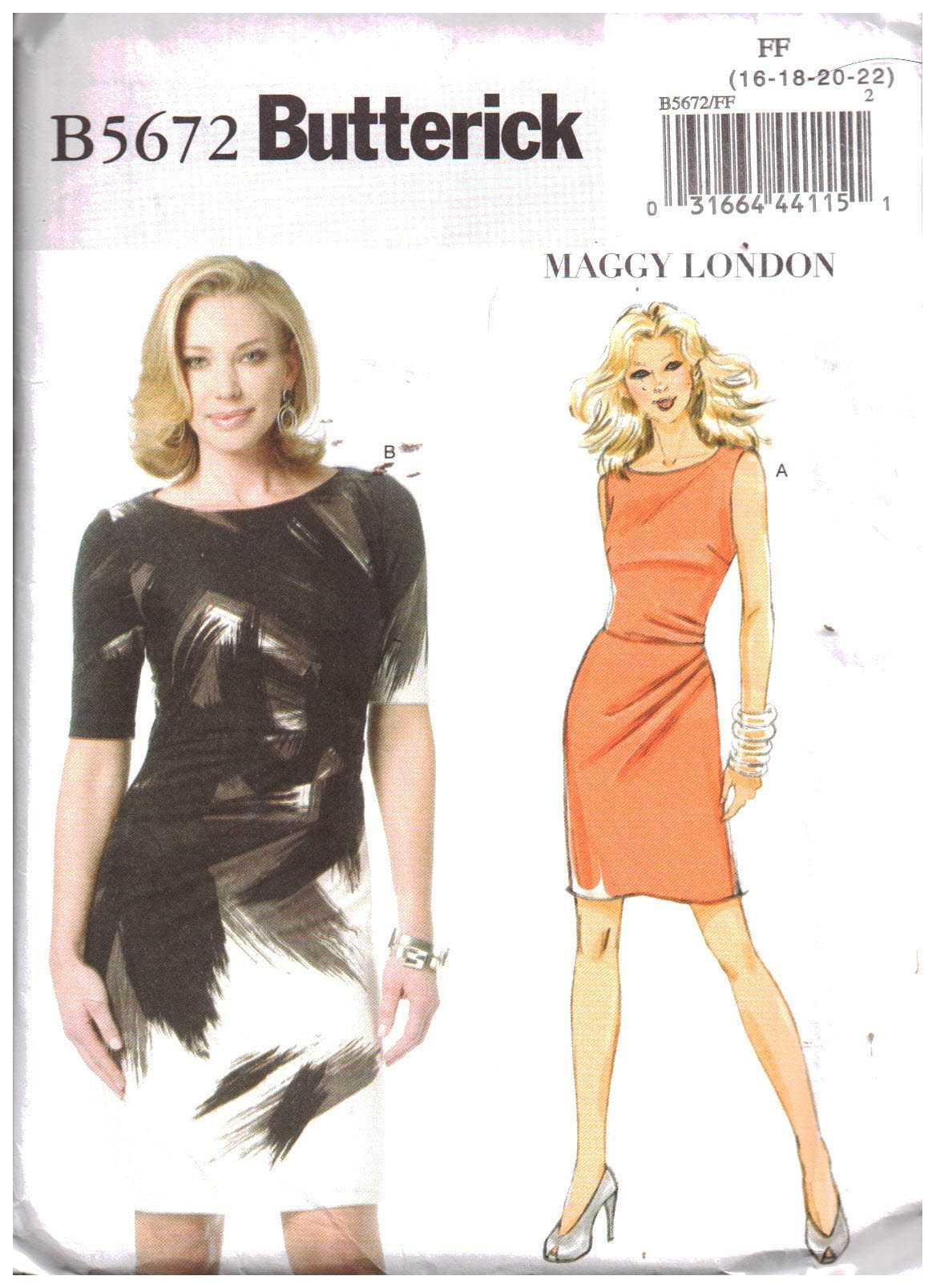 Butterick B5672 Dress by Maggy London Size: FF 16-22 Uncut Sewing Pattern