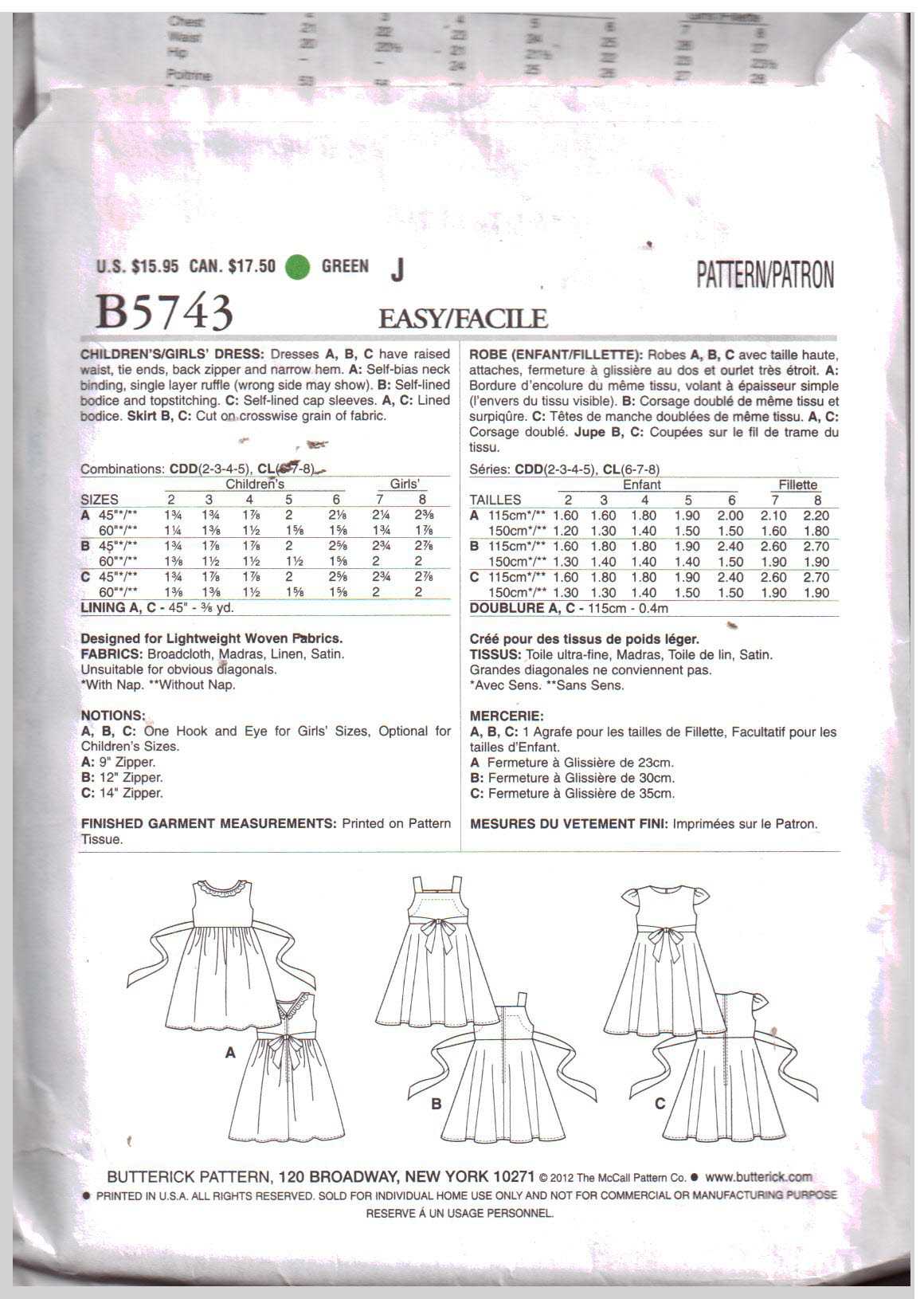 Butterick B5743 Girl's Dress Size: CDD 2-5 Used Sewing Pattern - Image 2