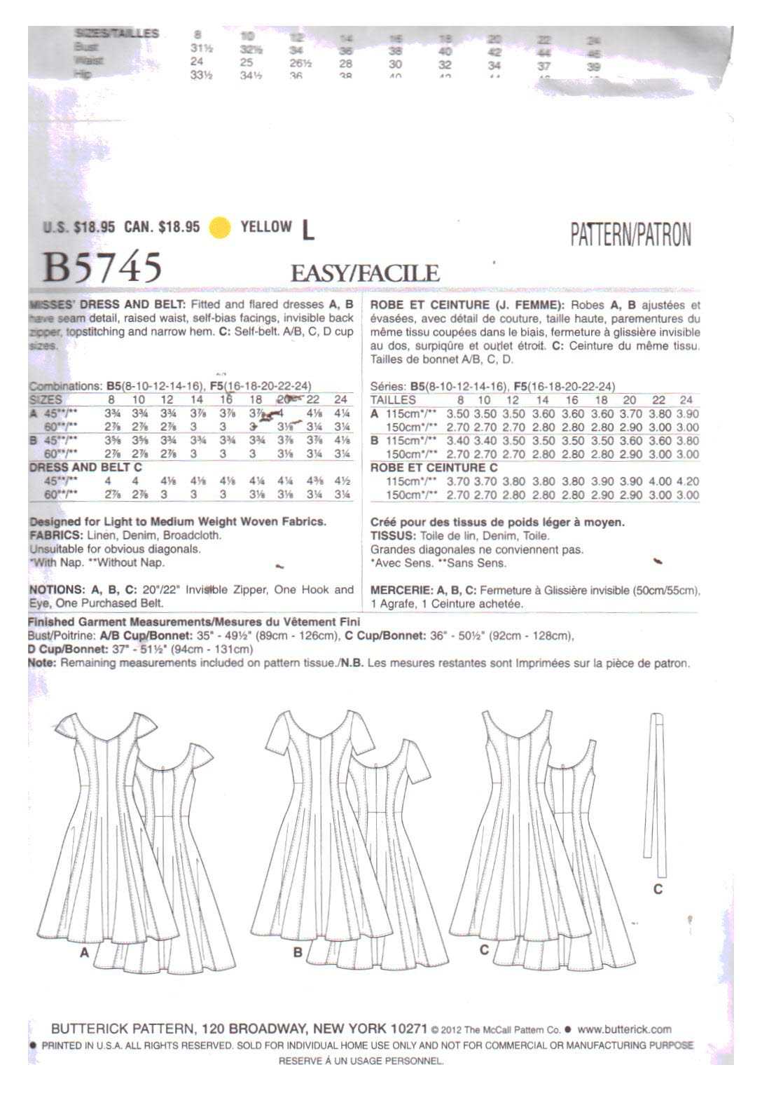 Butterick B5745 Dress Size: F5 16-24 Uncut Sewing Pattern - Image 2