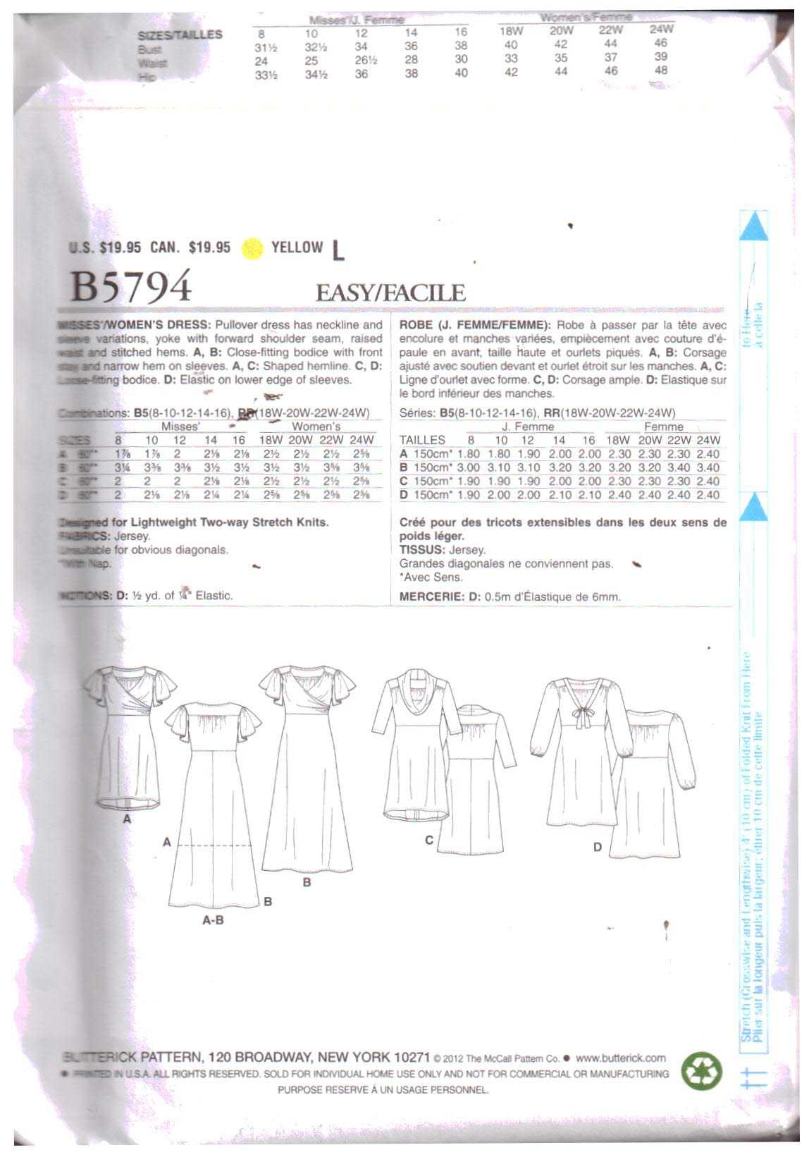 Butterick B5794 Dress Size: RR 18W-24W Uncut Sewing Pattern - Image 2