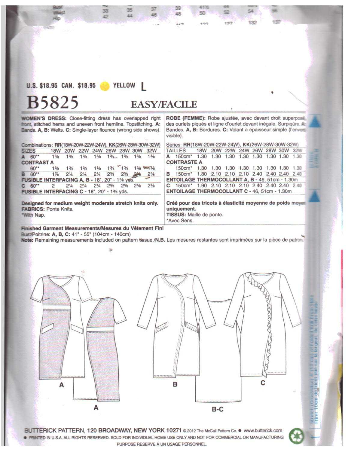 Butterick B5825 Dress Size: RR 18W-24W Uncut Sewing Pattern - Image 2