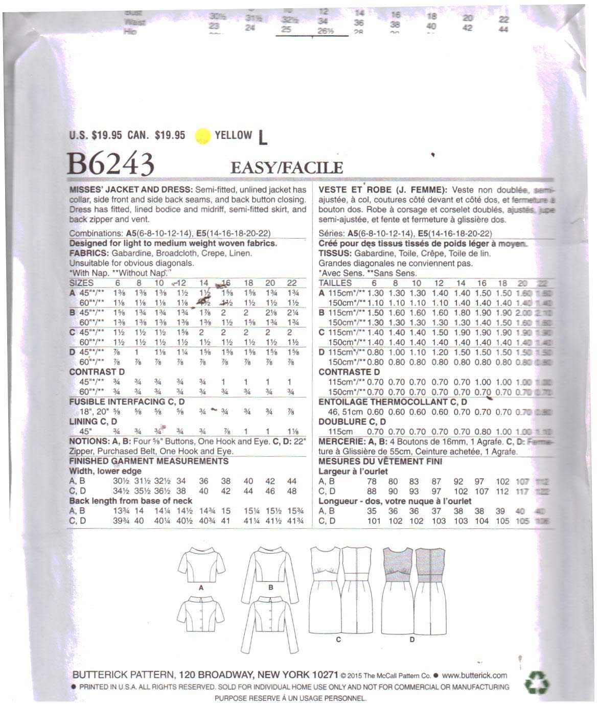 Butterick B6243 Jacket, Dress Size: E5 14-22 Uncut Sewing Pattern - Image 2