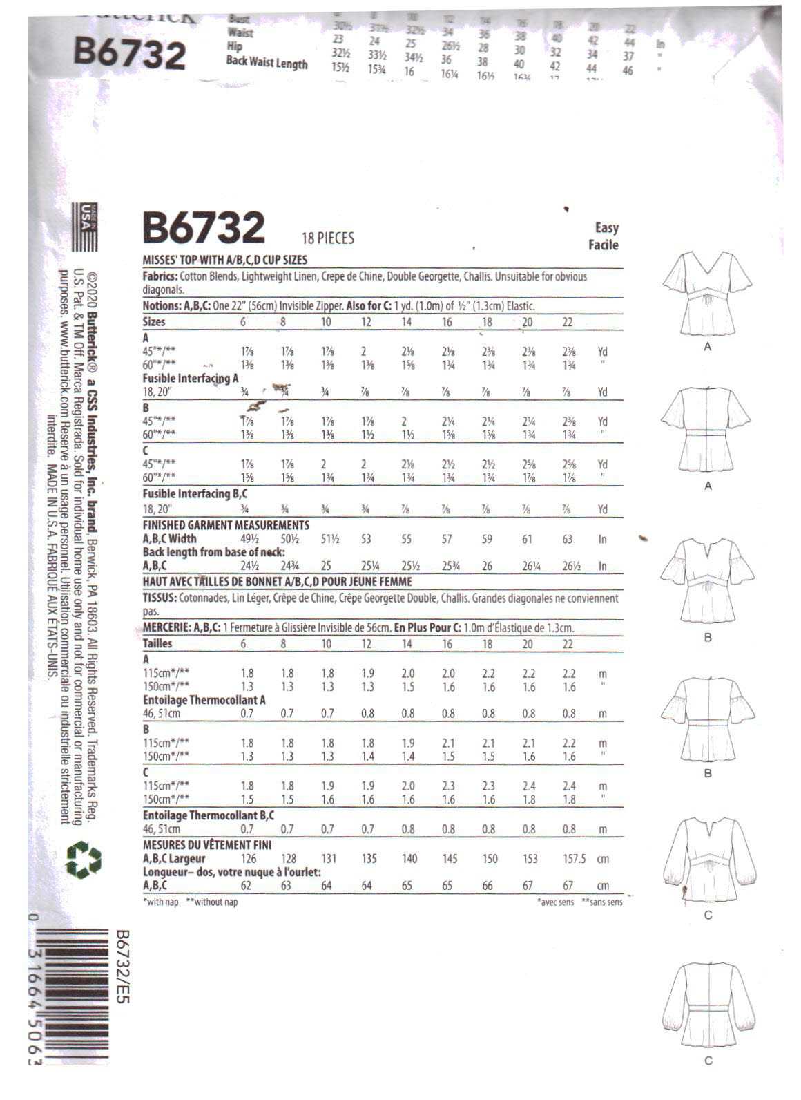 Butterick B6732 Top Size: E5 14-22 Uncut Sewing Pattern - Image 2