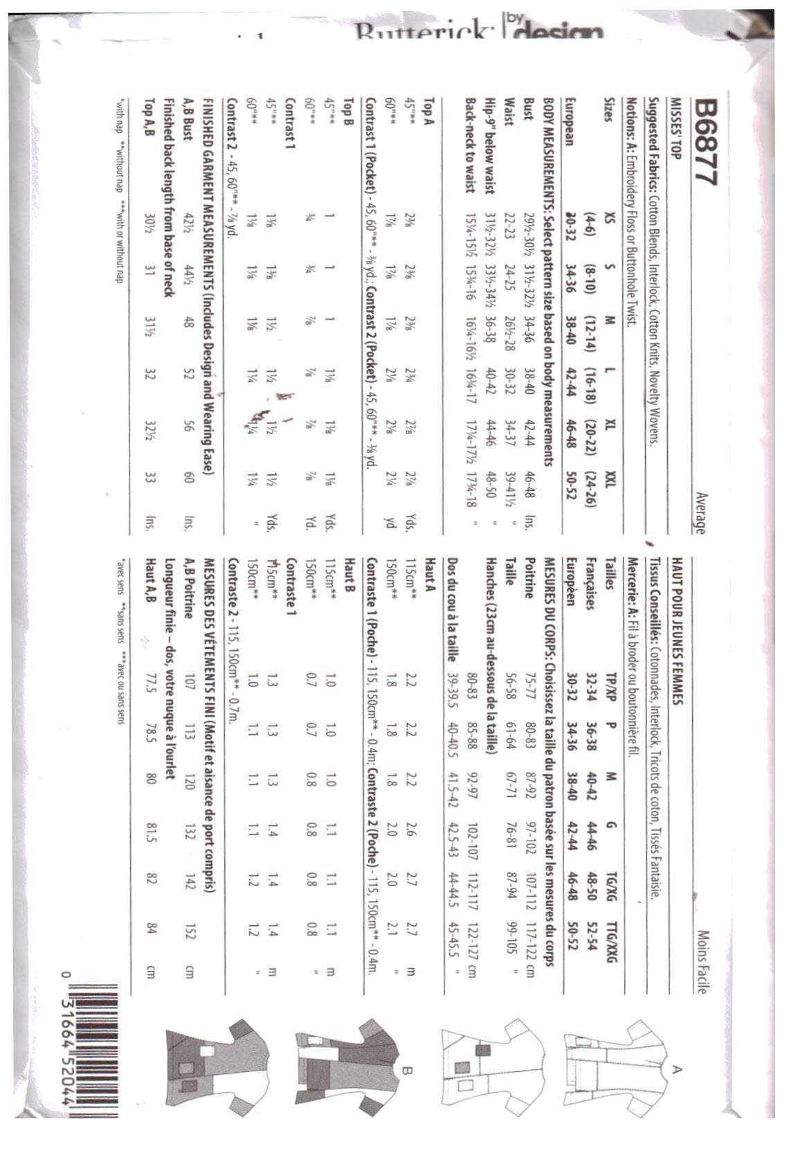 Butterick B6877 Tops Size: Y XS-s-M Uncut Sewing Pattern - Image 2