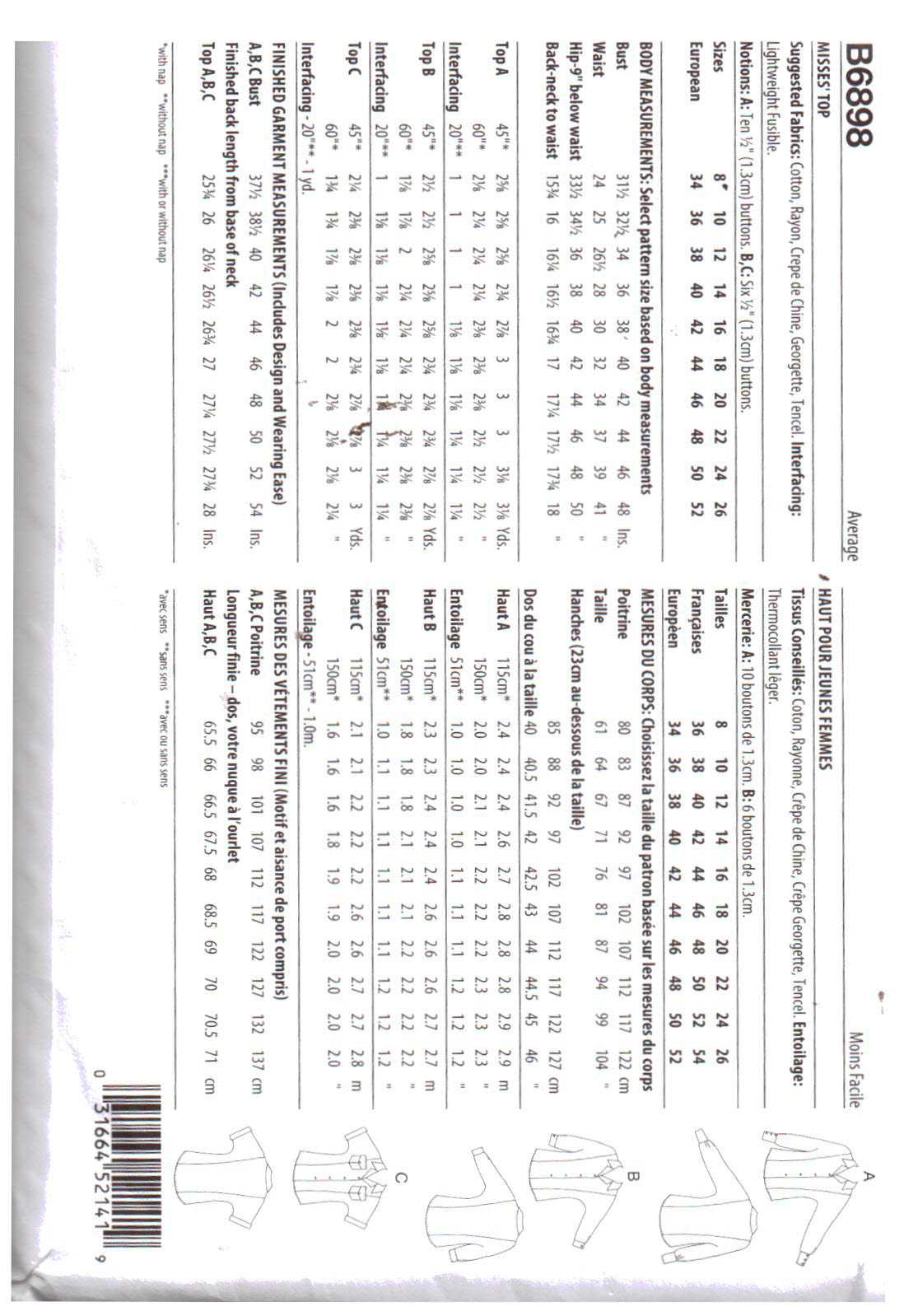 Butterick B6898 Tops Size: Br 8-16 Uncut Sewing Pattern - Image 2