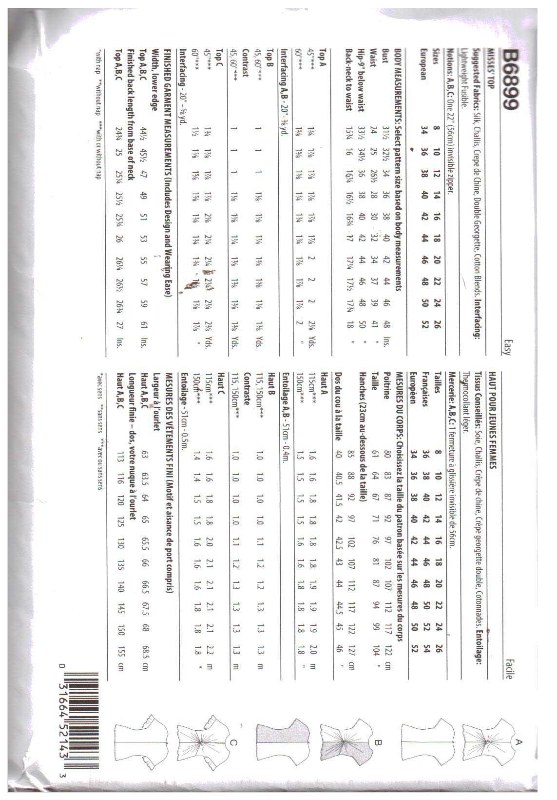 Butterick B6899 Tops Size: B5 8-16 Uncut Sewing Pattern - Image 2