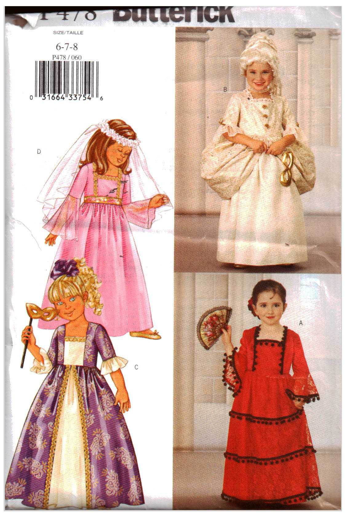 Butterick P478 Girl's Costumes - Princess, Spanish Size: 6-7-8 Used Sewing Pattern