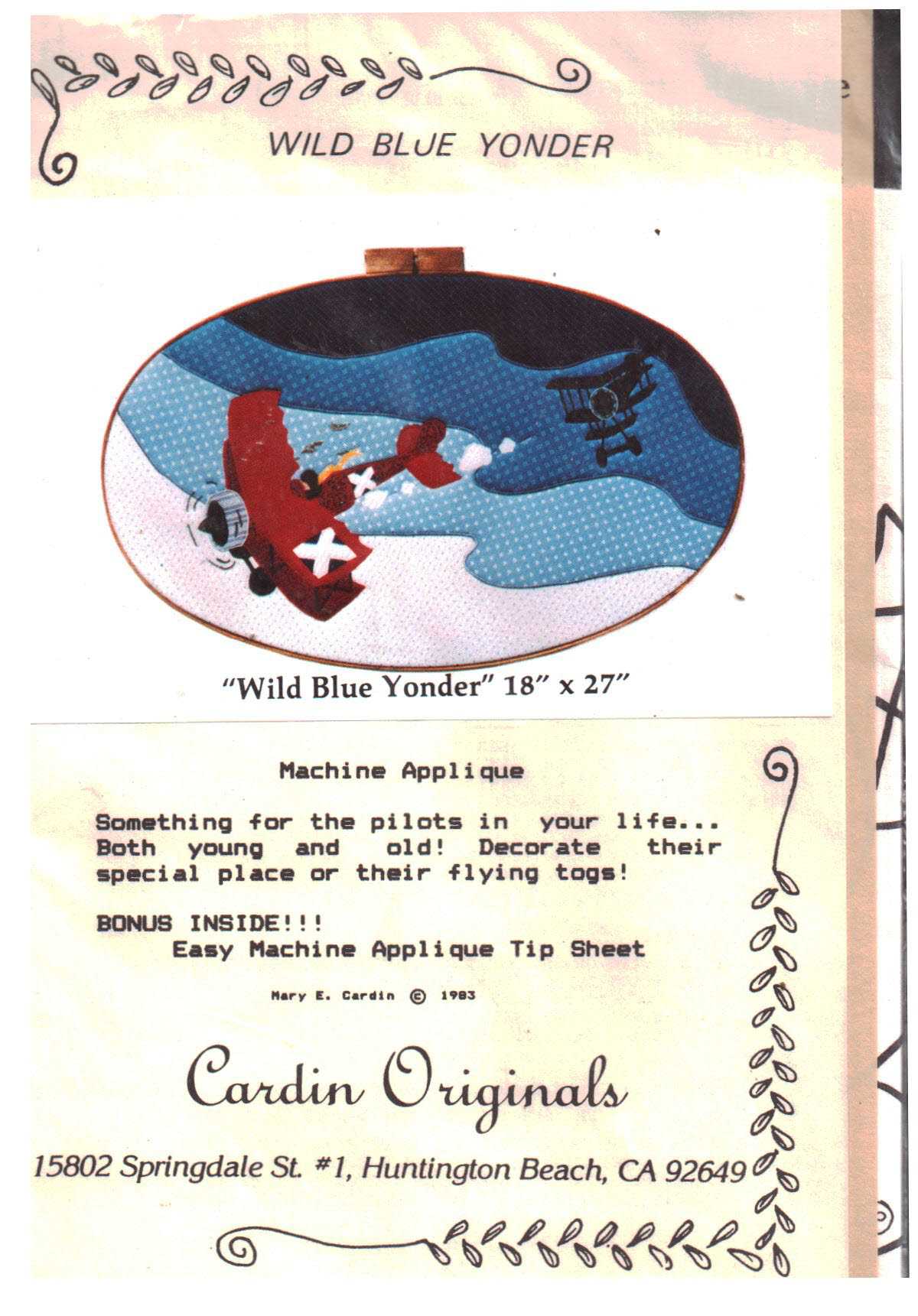 Cardin Originals "Wild Blue Yonder" Applique Size: 18x27" Uncut Sewing Pattern