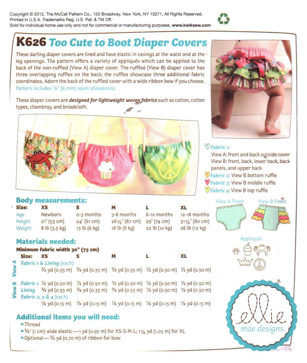 Ellie Mae Designs K626 Infant Diaper Covers Size: XS-XL Uncut Sewing Pattern - Image 2