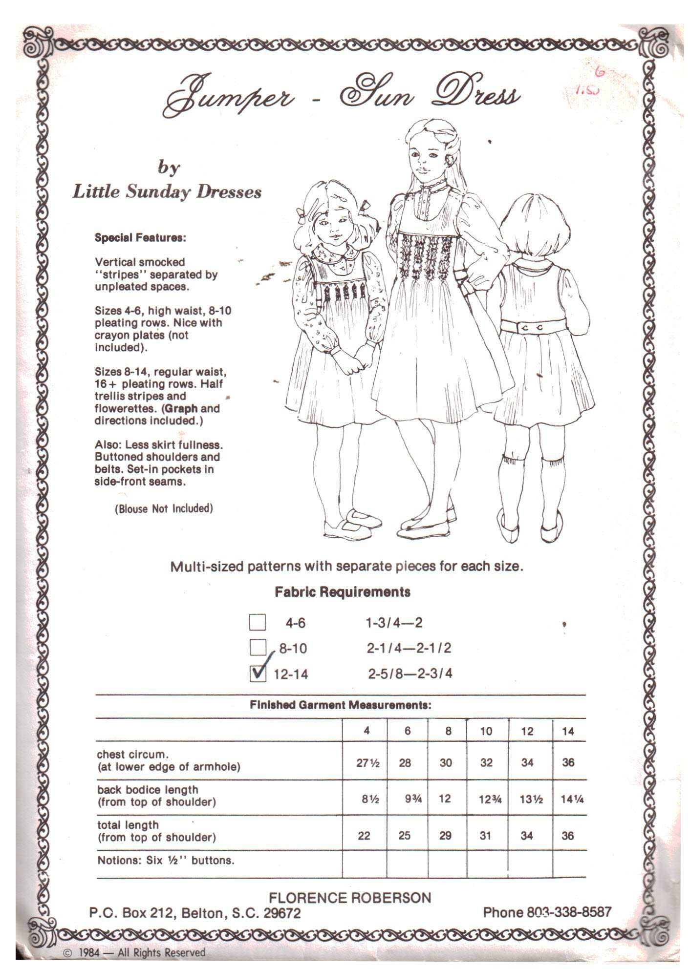 Little Sunday Girl's Dress Jumper, Sundress by Florence Roberson Size: 4-14 Uncut Sewing Pattern