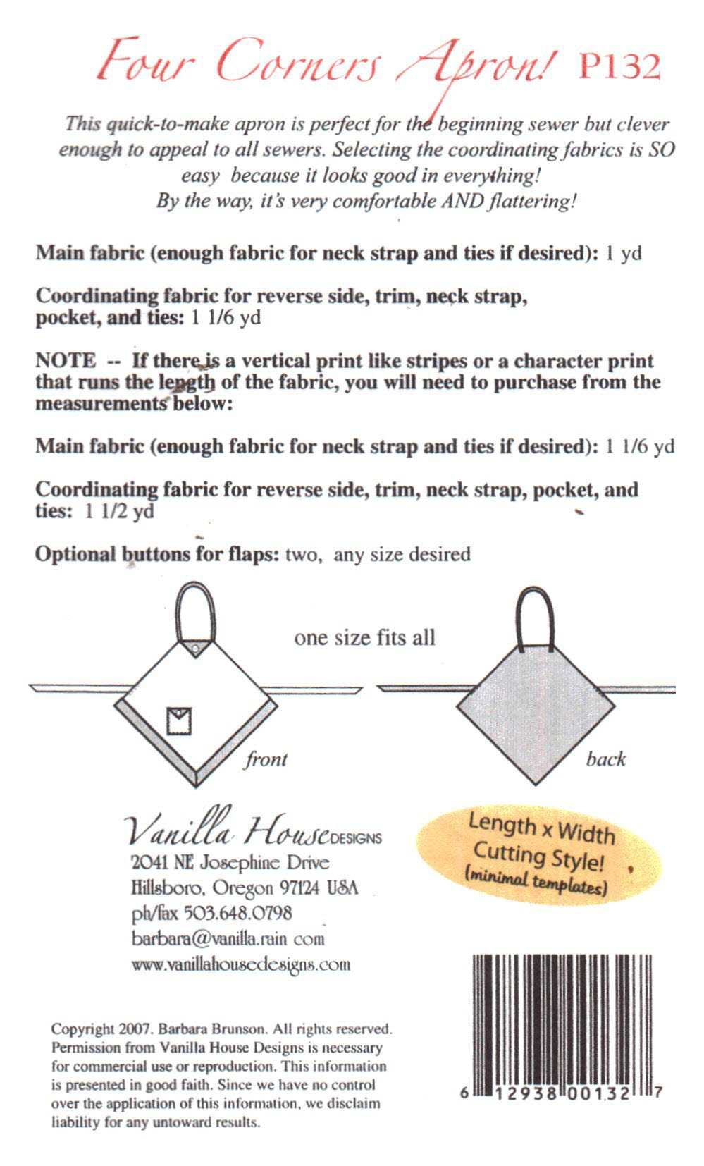 Vanilla House P132 Aprons Size: One Uncut Sewing Pattern - Image 2