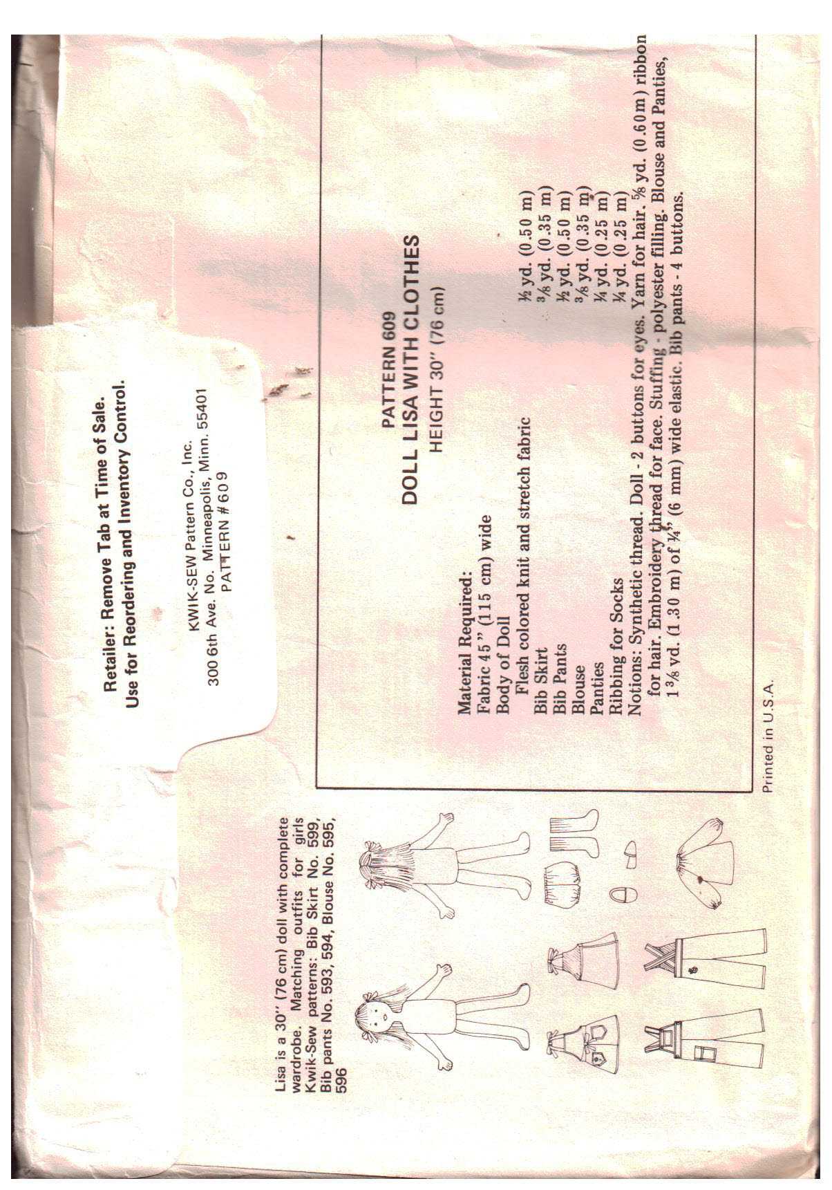 Kwik Sew 609 Doll Lisa with Clothes Size: 30" Uncut Sewing Pattern - Image 2