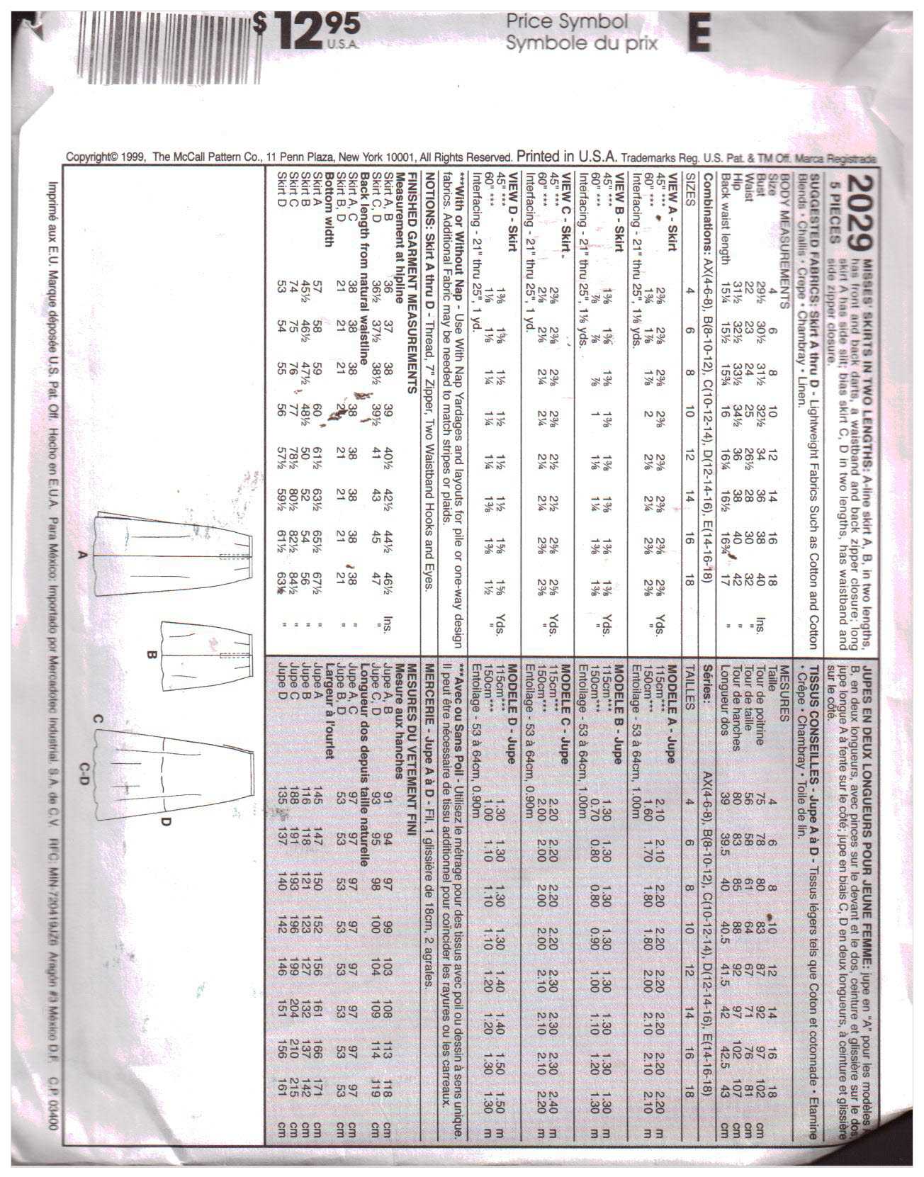 McCall's 2029 Skirts Size: AX 4-6-8 Uncut Sewing Pattern - Image 2