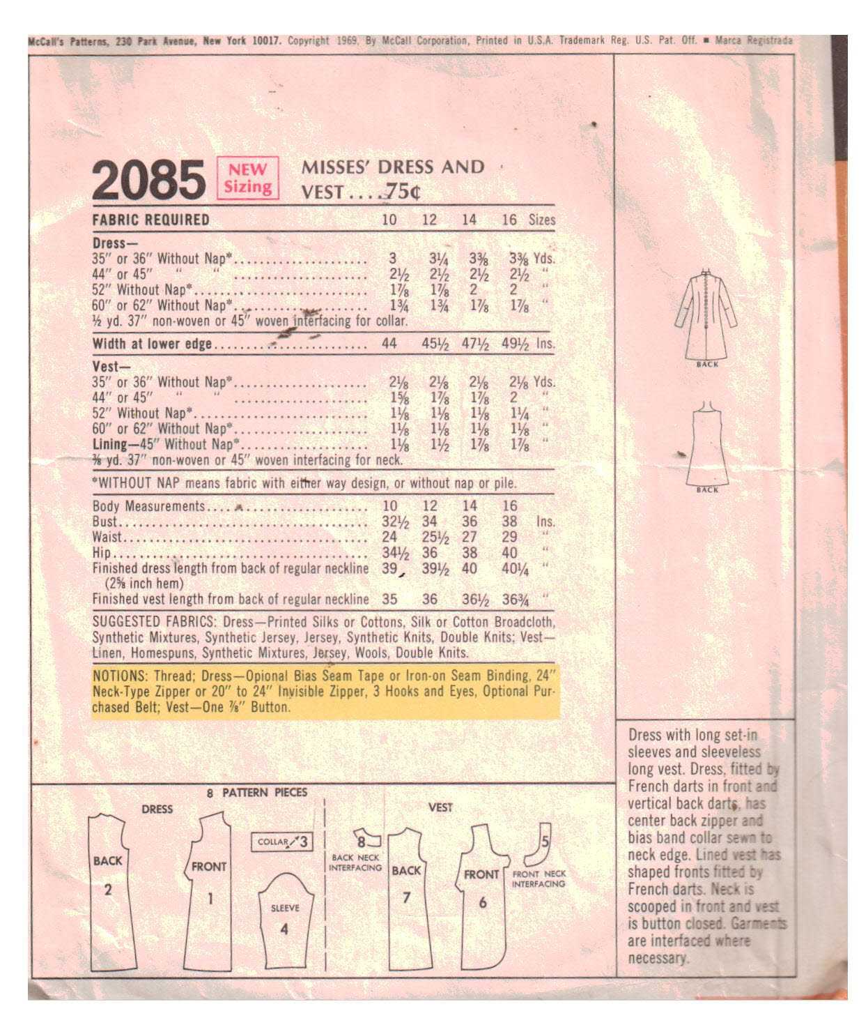 McCall's 2085 Dress, Vest Size: 12 Bust 34 Used Sewing Pattern - Image 2