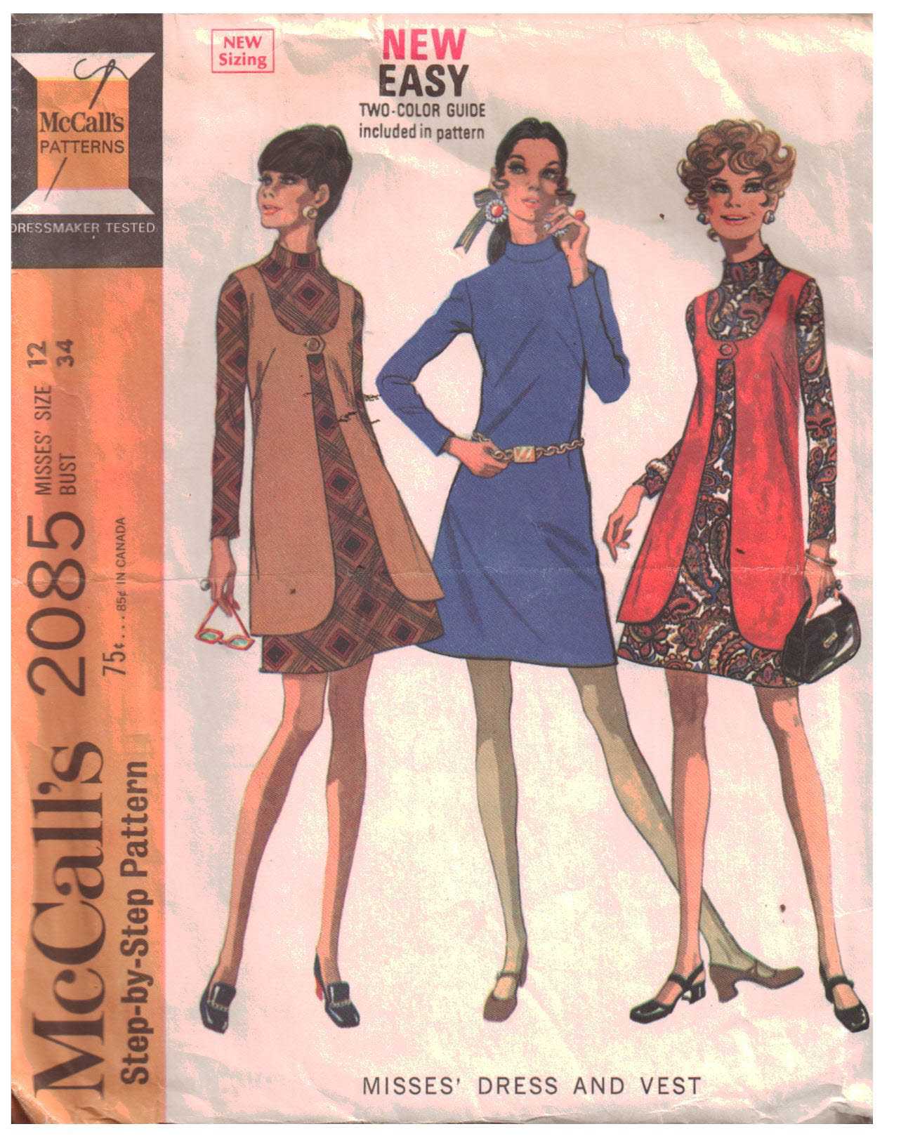McCall's 2085 Dress, Vest Size: 12 Bust 34 Used Sewing Pattern