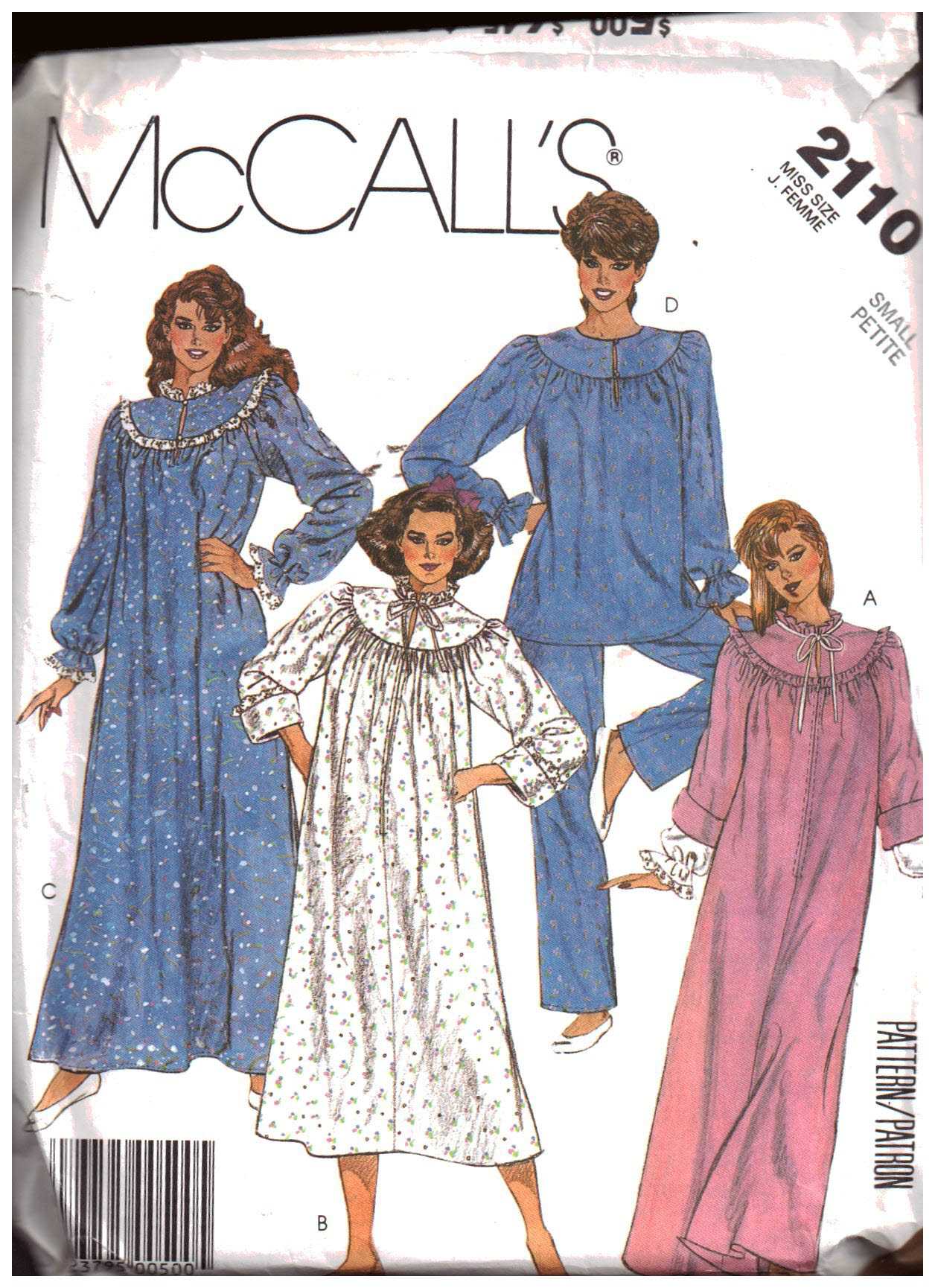 McCall's 2110 Nightgown, Pajamas Size: 10-12 Used Sewing Pattern