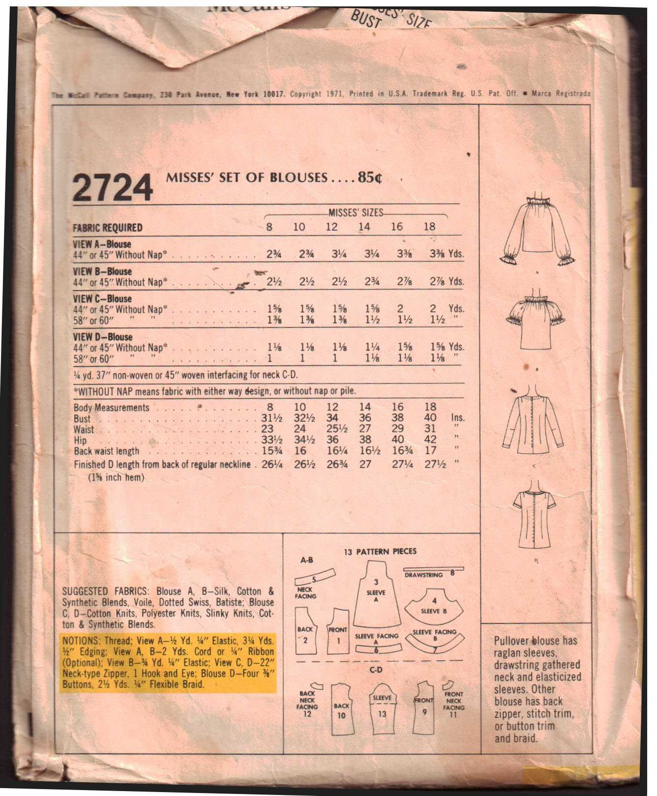 McCall's 2724 Blouses Size: 10 Bust 32.5 Used Sewing Pattern - Image 2