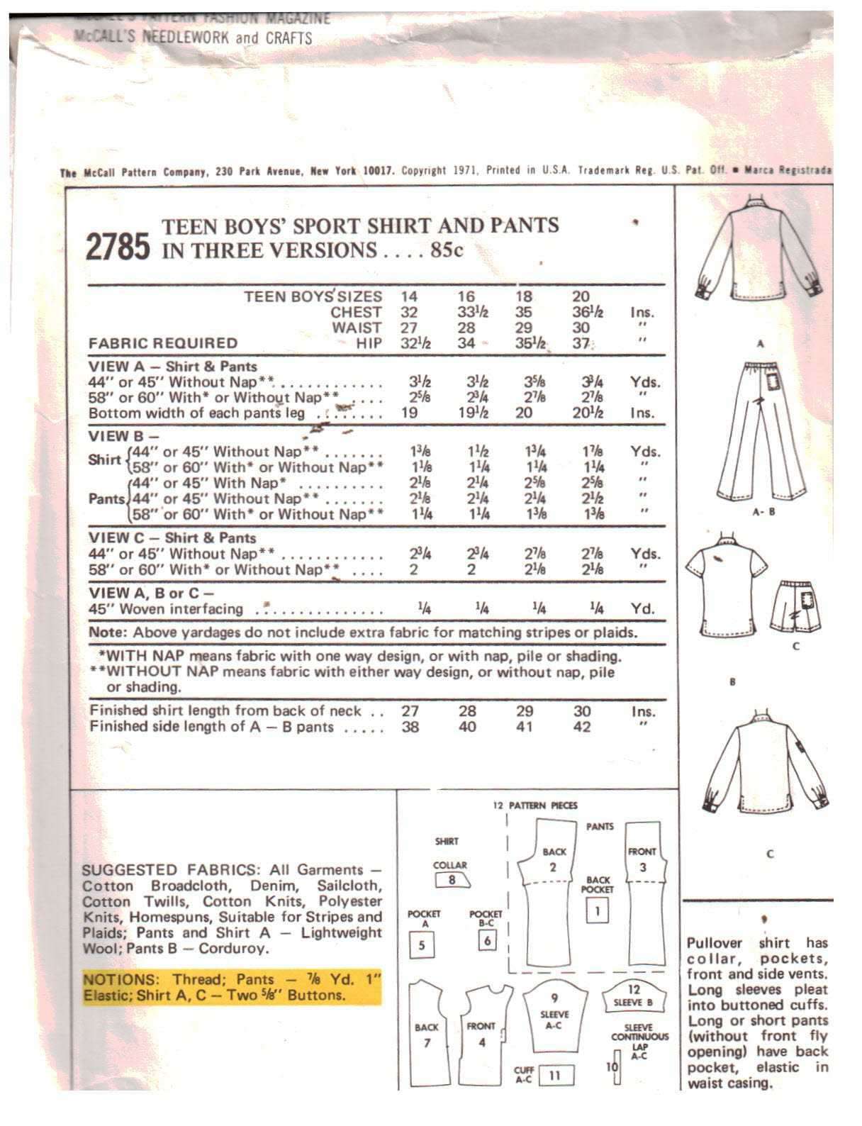 McCall's 2785 Boys' Shirt, Pants Size: 14 Chest 32 Waist 27 Used Sewing Pattern - Image 2