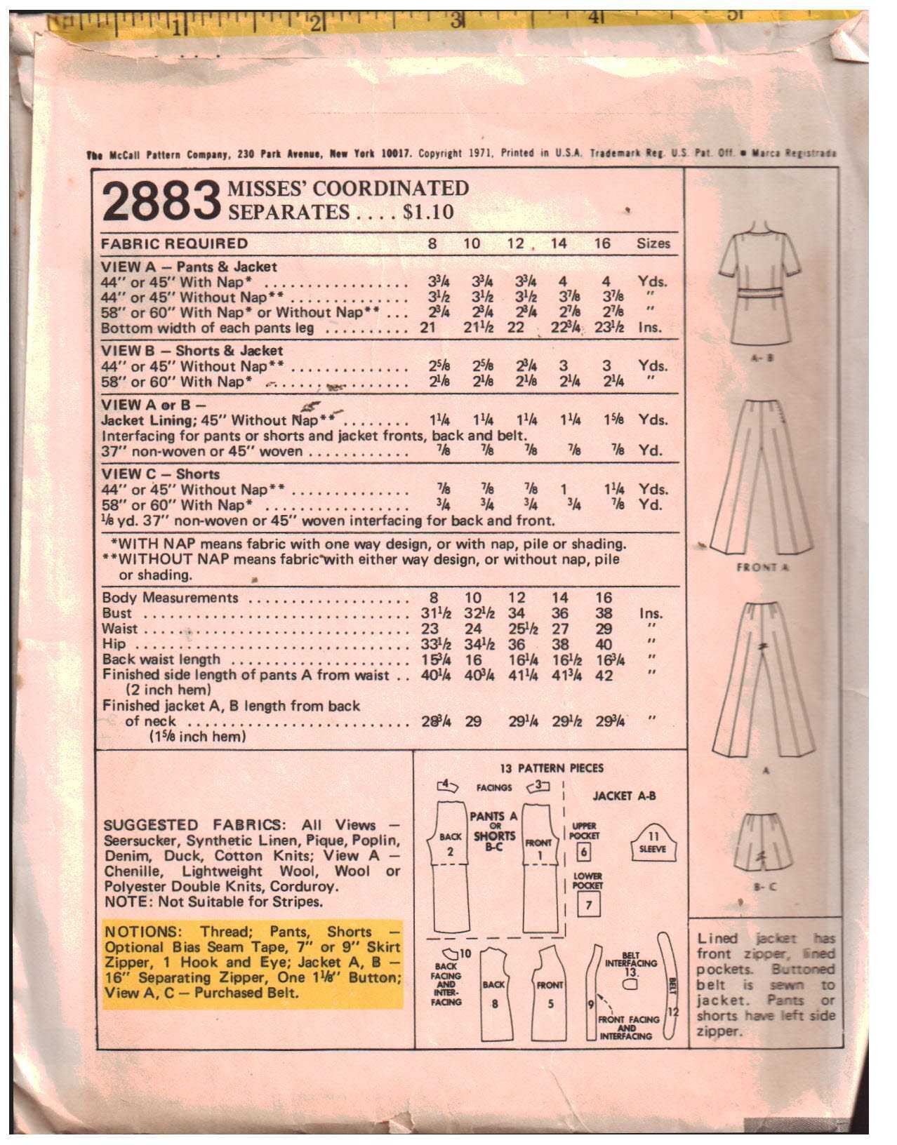 McCall's 2883 Pants, Jacket, Shorts Size: 12 Bust 34 Used Sewing Pattern - Image 2