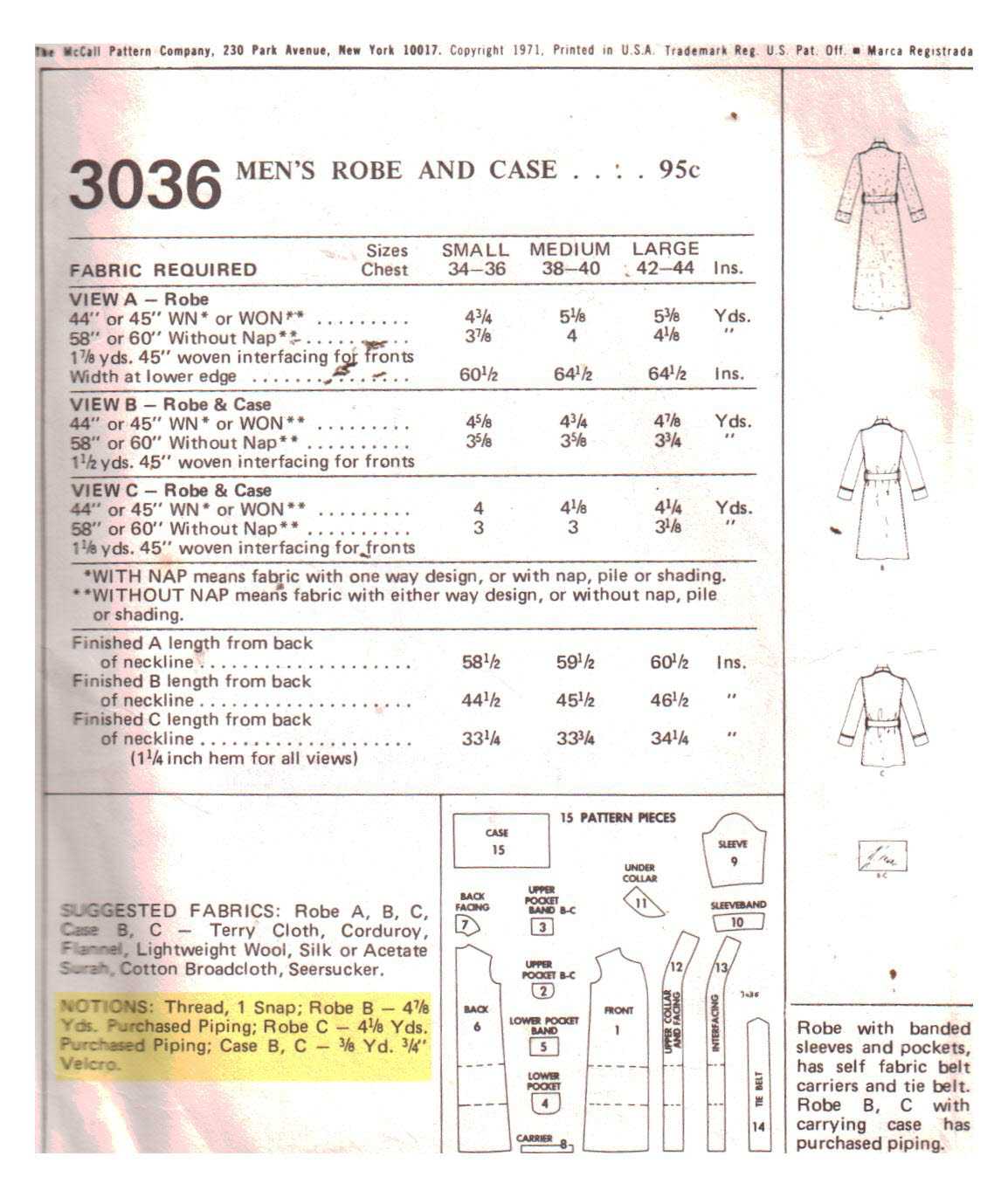 McCall's 3036 Men's Robe, Case Size: 34-36 Used Sewing Pattern - Image 2