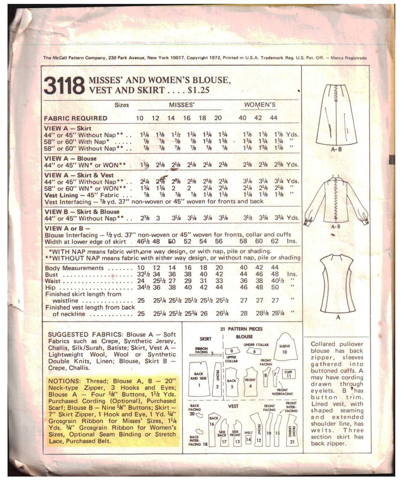 McCall's 3118 Blouse, Vest, Skirt Size: 12 Bust 34 Used Sewing Pattern - Image 2