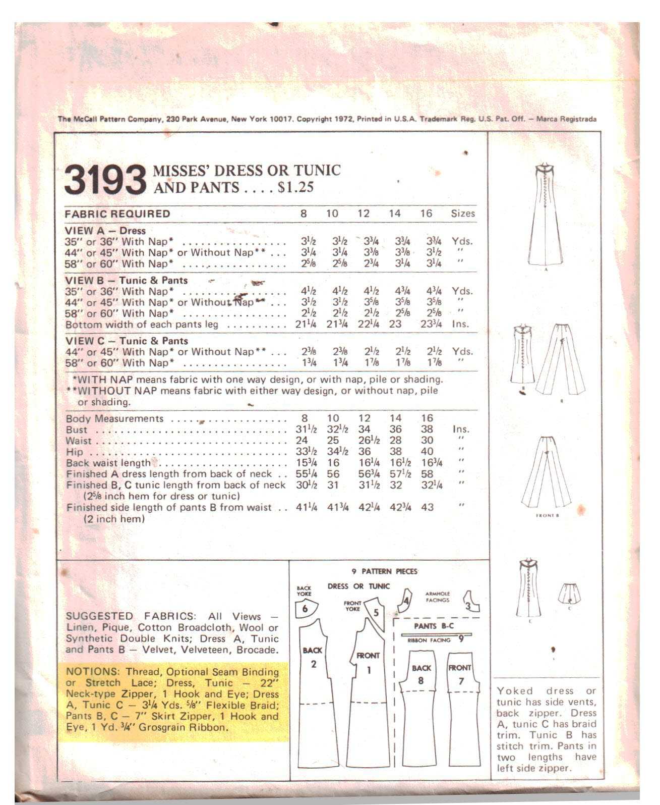 McCall's 3193 Dress, Tunic, Pants Size: 12 Bust 34 Used Sewing Pattern - Image 2
