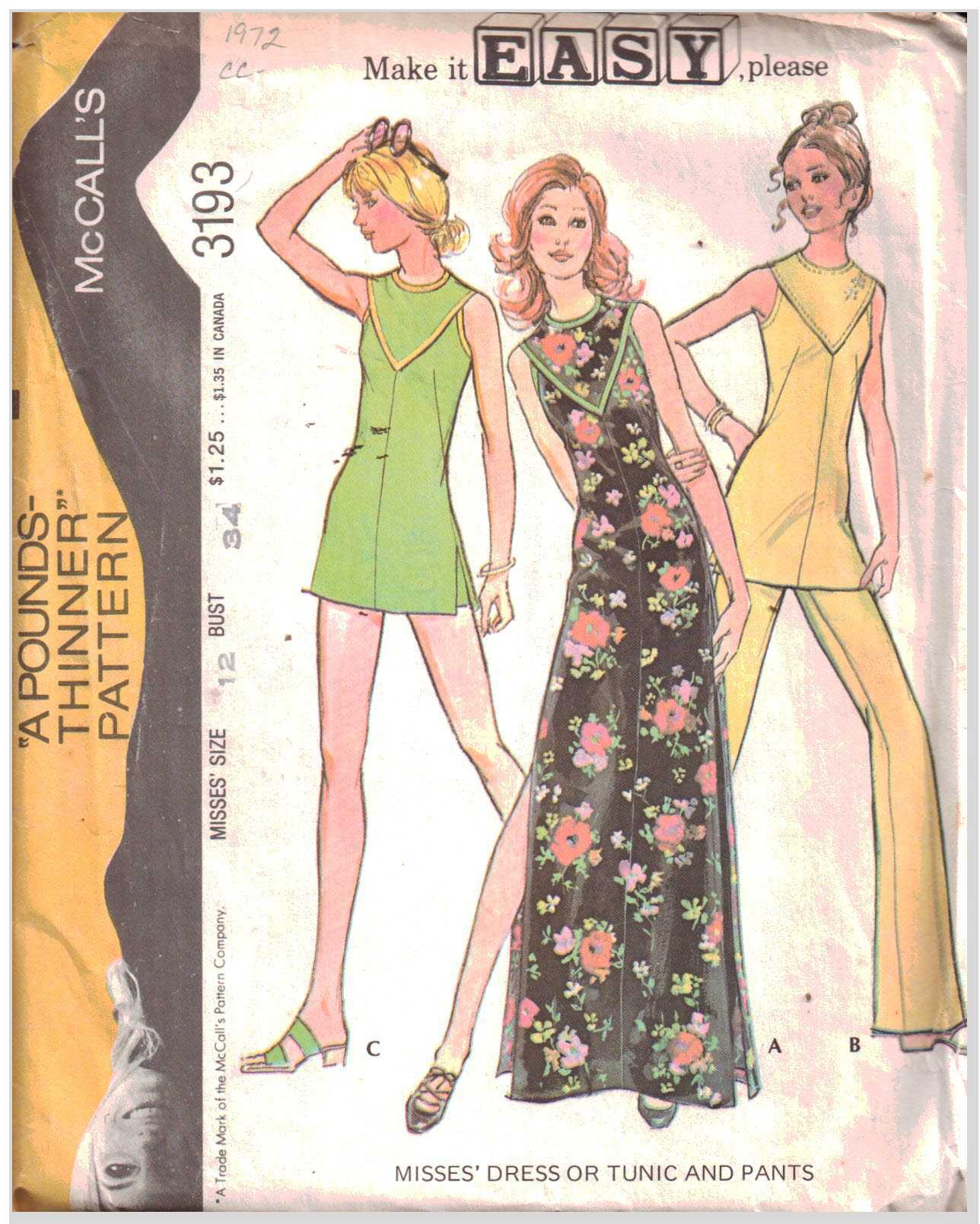 McCall's 3193 Dress, Tunic, Pants Size: 12 Bust 34 Used Sewing Pattern