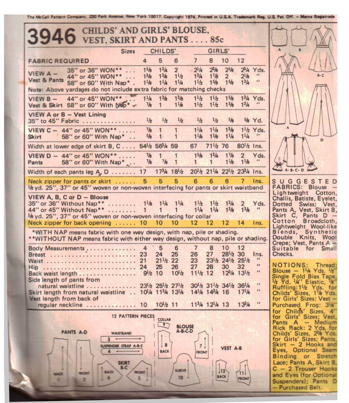 McCall's 3946 Girls' Blouse, Vest, Skirt, Pants Size: 10 Used Sewing Pattern - Image 2
