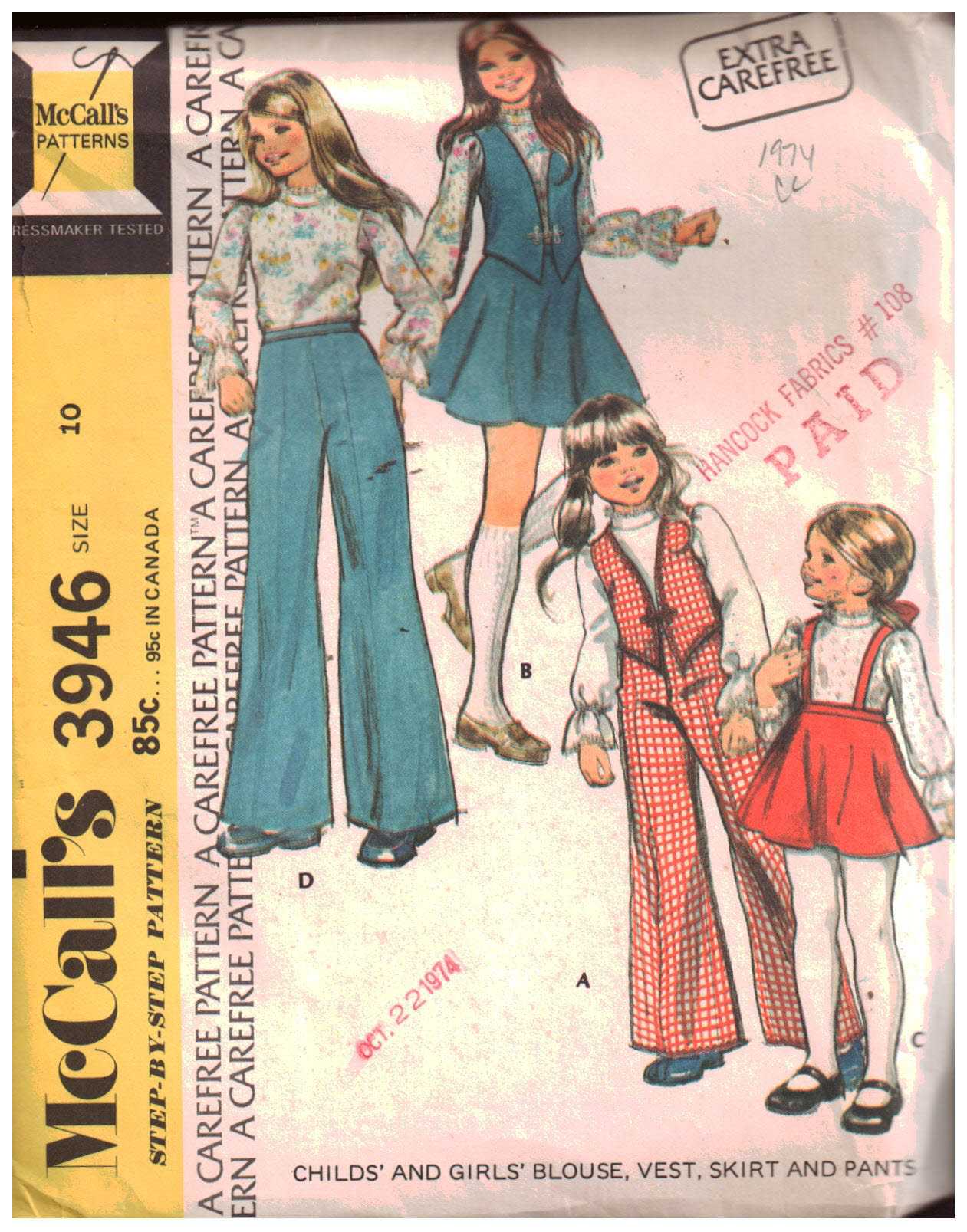 McCall's 3946 Girls' Blouse, Vest, Skirt, Pants Size: 10 Used Sewing Pattern