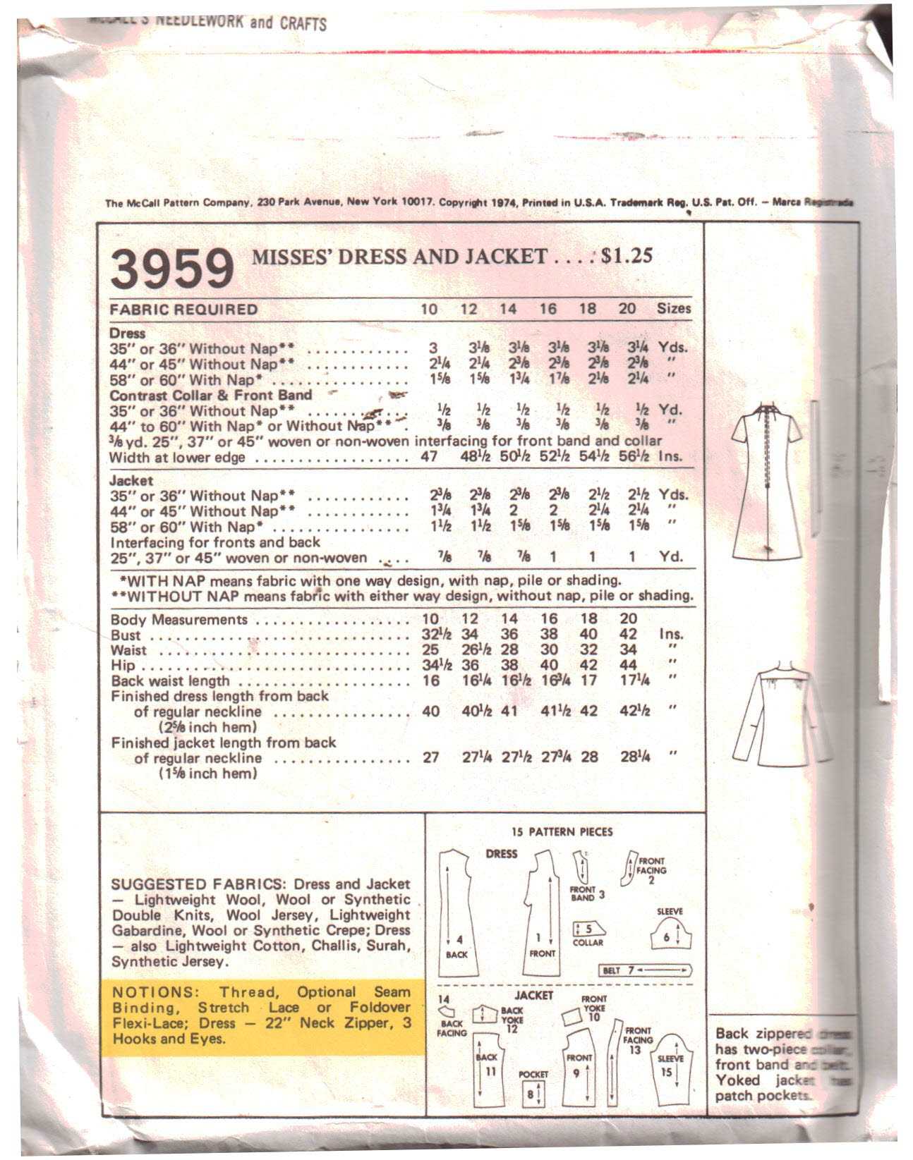 McCall's 3959 Dress, Jacket Size: 12 Bust 34 Used Sewing Pattern - Image 2