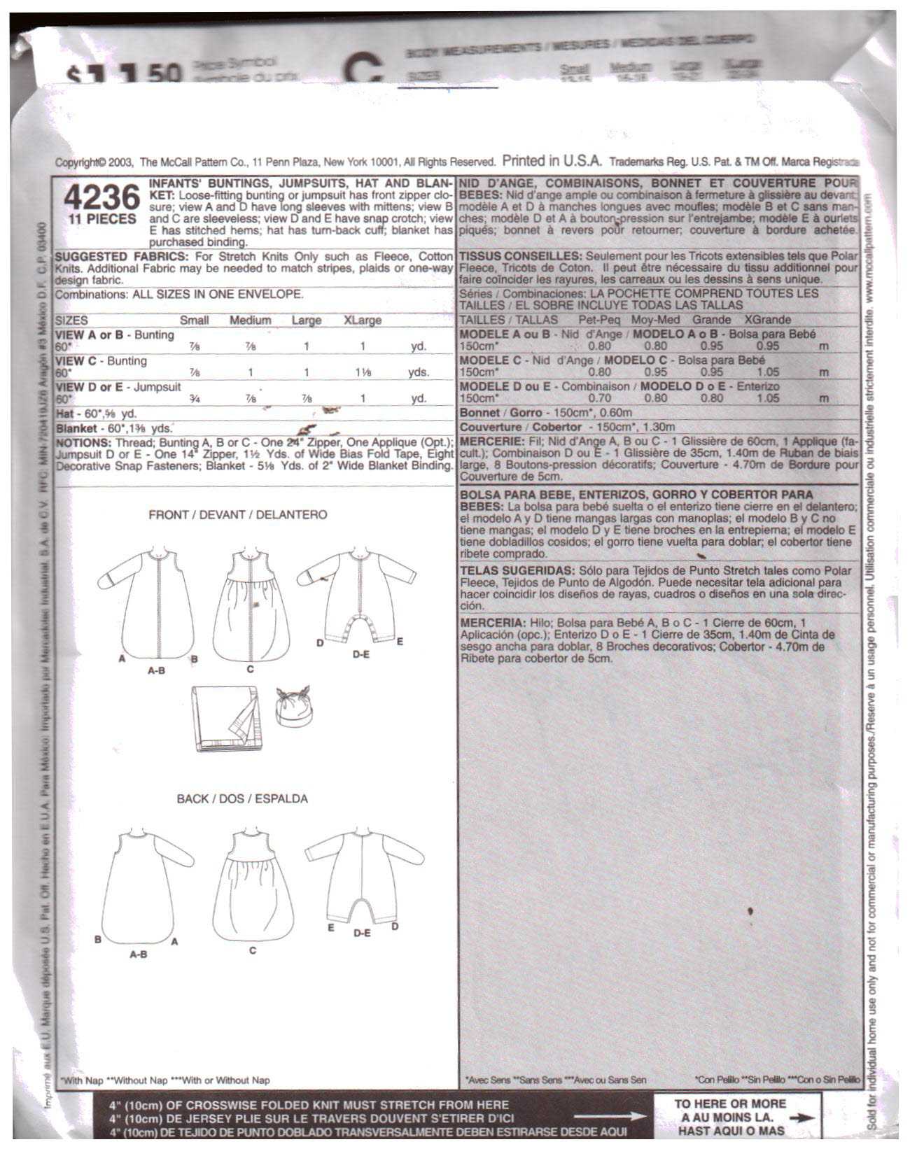 McCall's 4236 Infants' Bunting, Jumpsuits, Hat, Blanket Size: All Used Sewing Pattern - Image 2